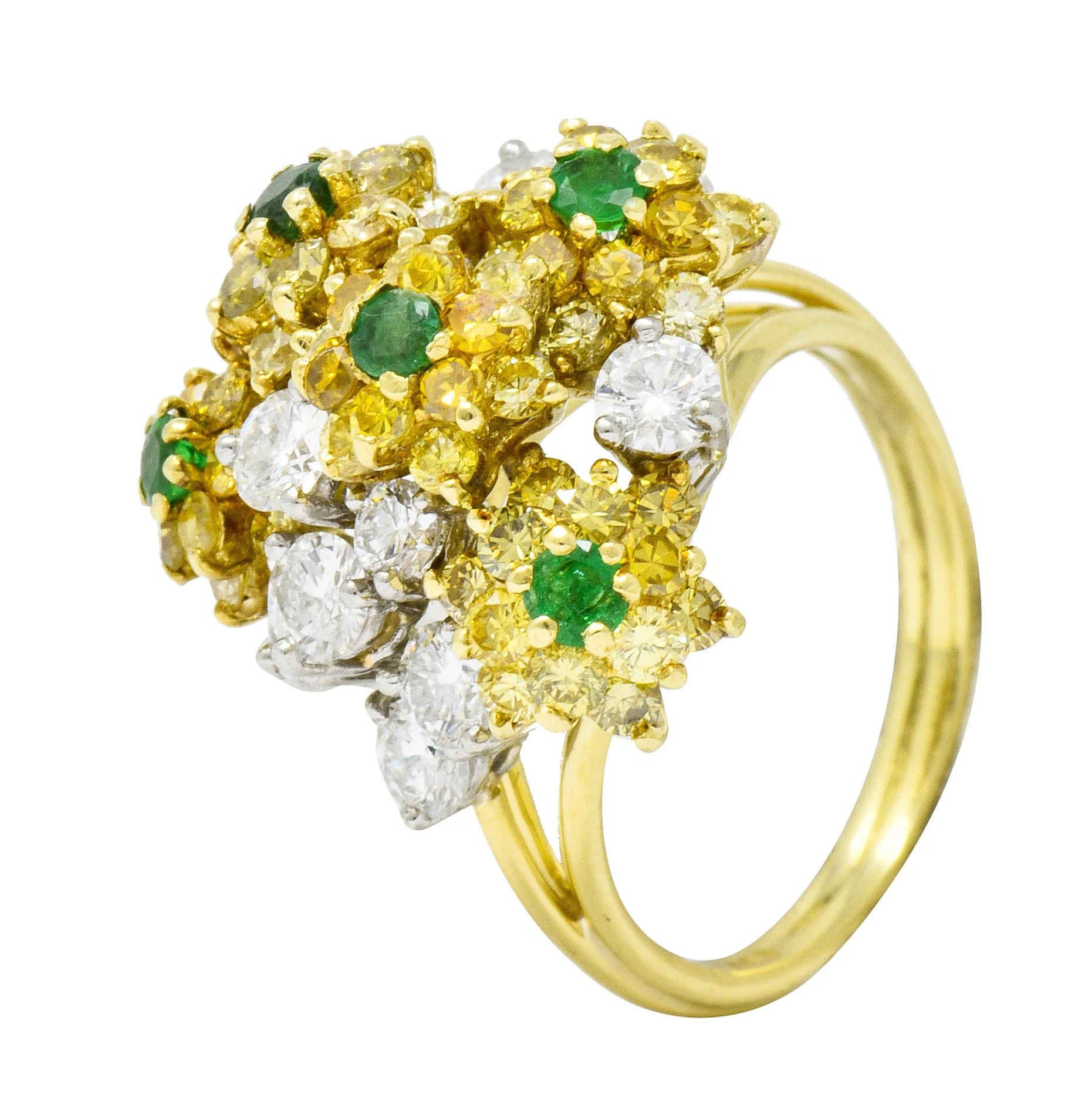 Vintage 3.21 CTW Yellow and White Diamond Emerald 18 Karat Gold Floral Cluster Ring - Image 9