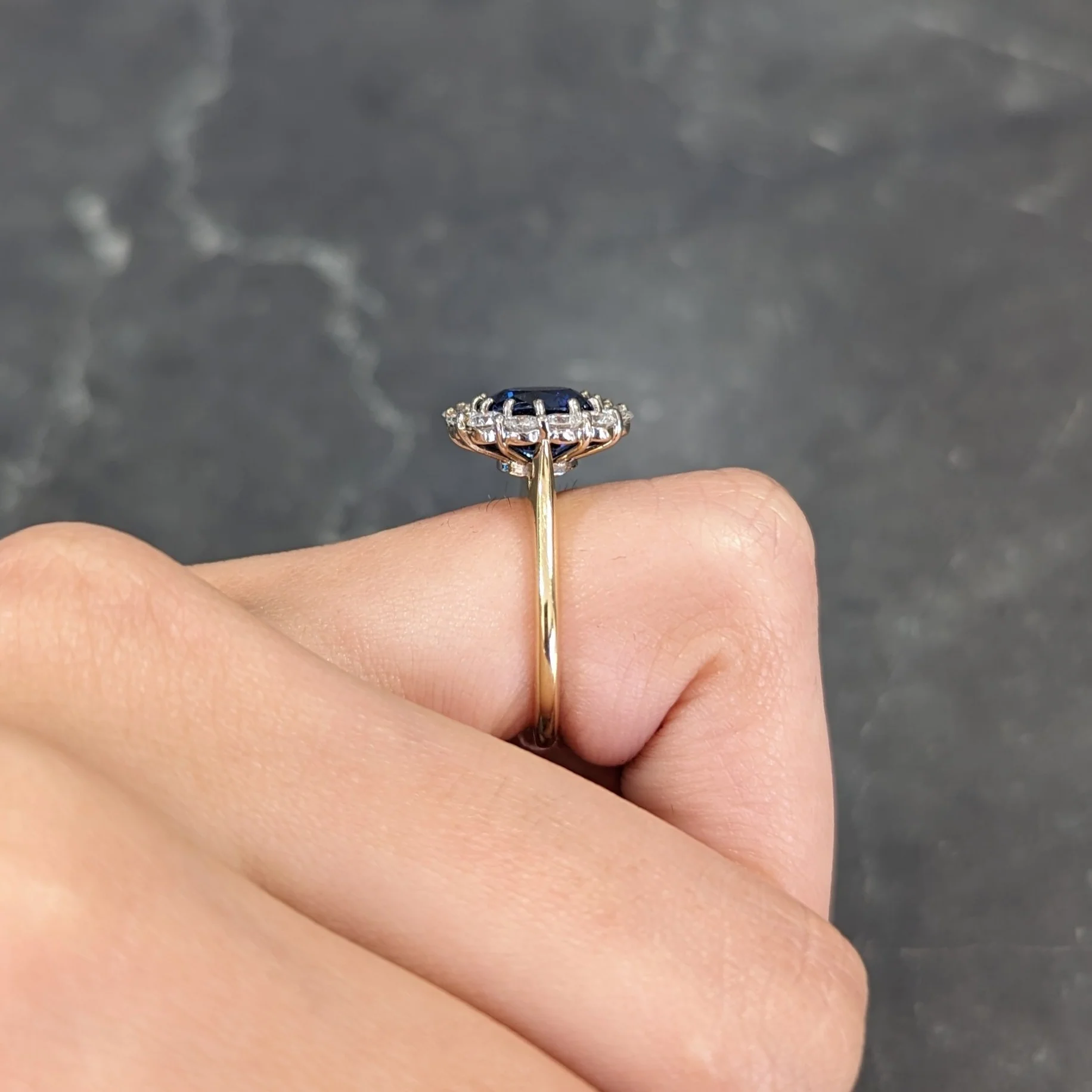 Vintage 3.25 CTW Cushion Cut Sapphire Diamond 18 Karat Two-Tone Vintage Halo Ring GIA - Image 15