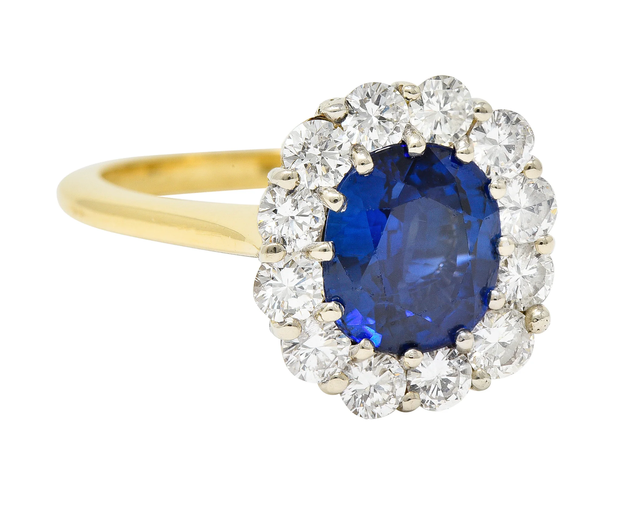 Vintage 3.25 CTW Cushion Cut Sapphire Diamond 18 Karat Two-Tone Vintage Halo Ring GIA - Image 2