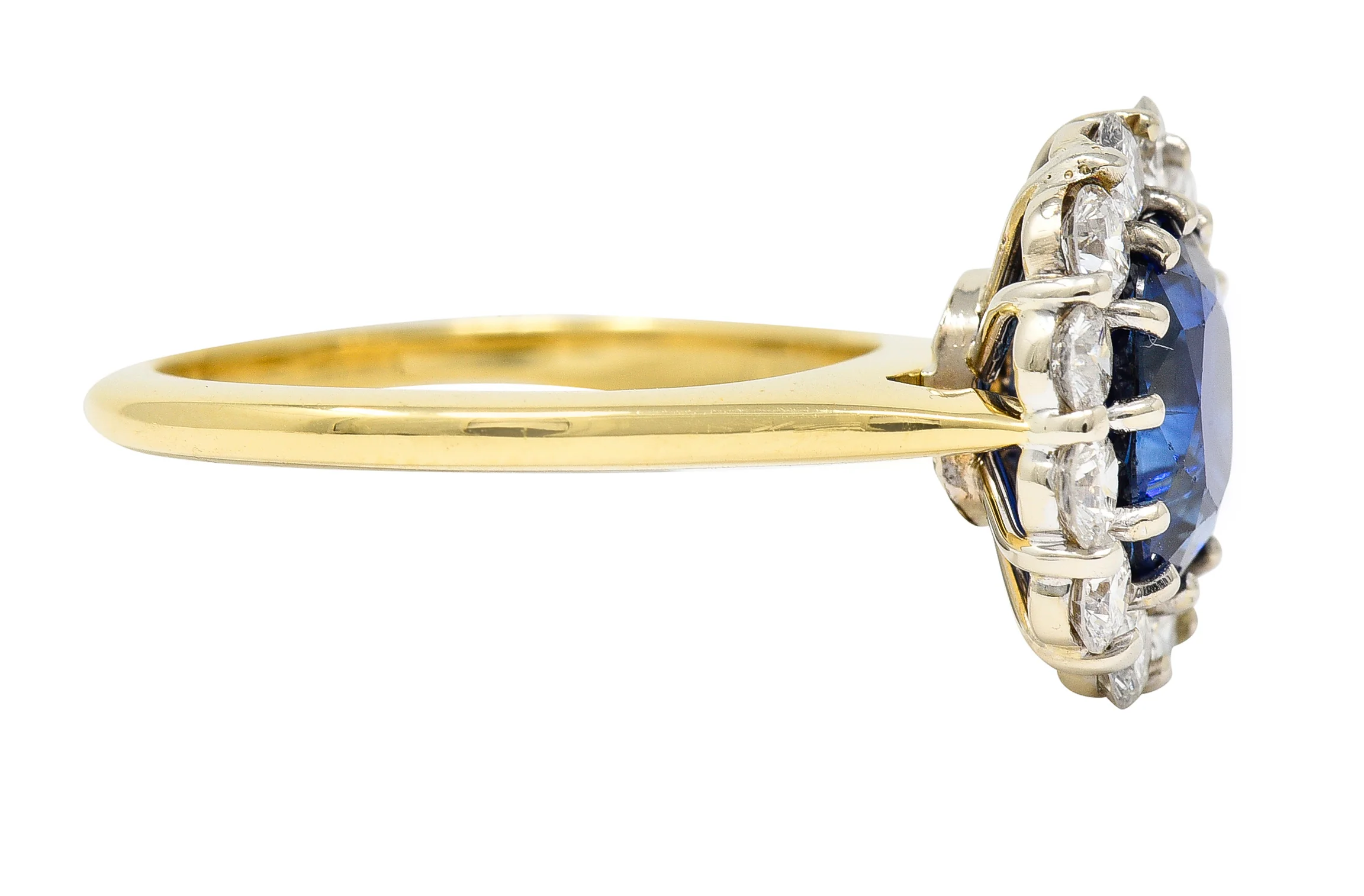 Vintage 3.25 CTW Cushion Cut Sapphire Diamond 18 Karat Two-Tone Vintage Halo Ring GIA - Image 3