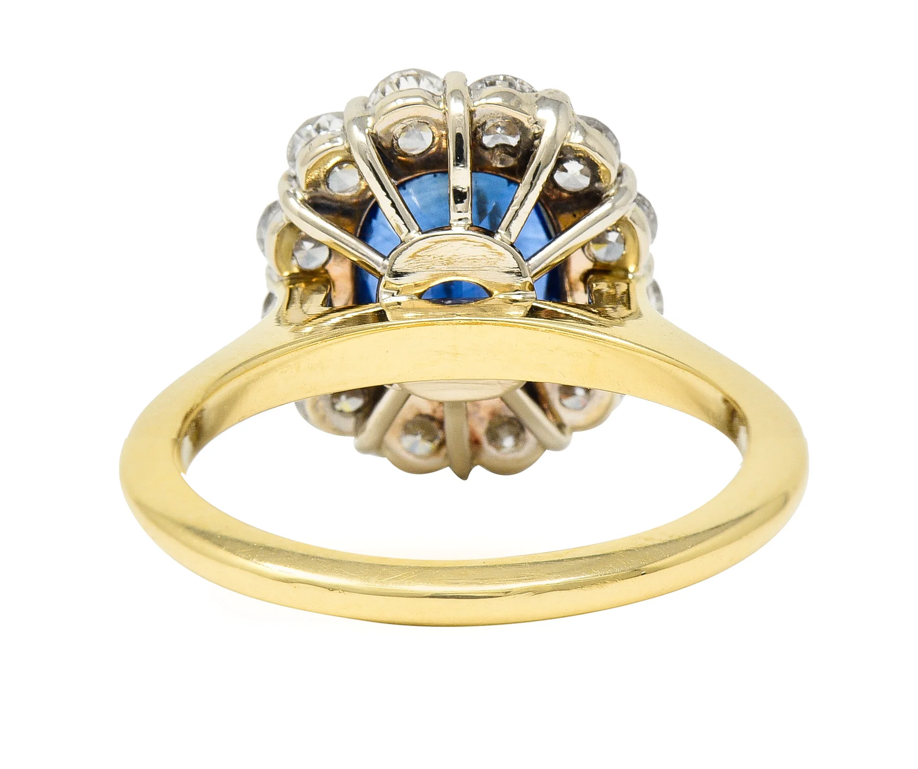 Vintage 3.25 CTW Cushion Cut Sapphire Diamond 18 Karat Two-Tone Vintage Halo Ring GIA - Image 4