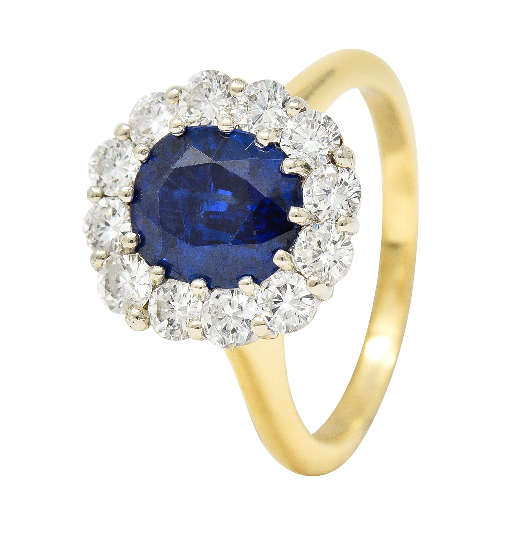 Vintage 3.25 CTW Cushion Cut Sapphire Diamond 18 Karat Two-Tone Vintage Halo Ring GIA - Image 8