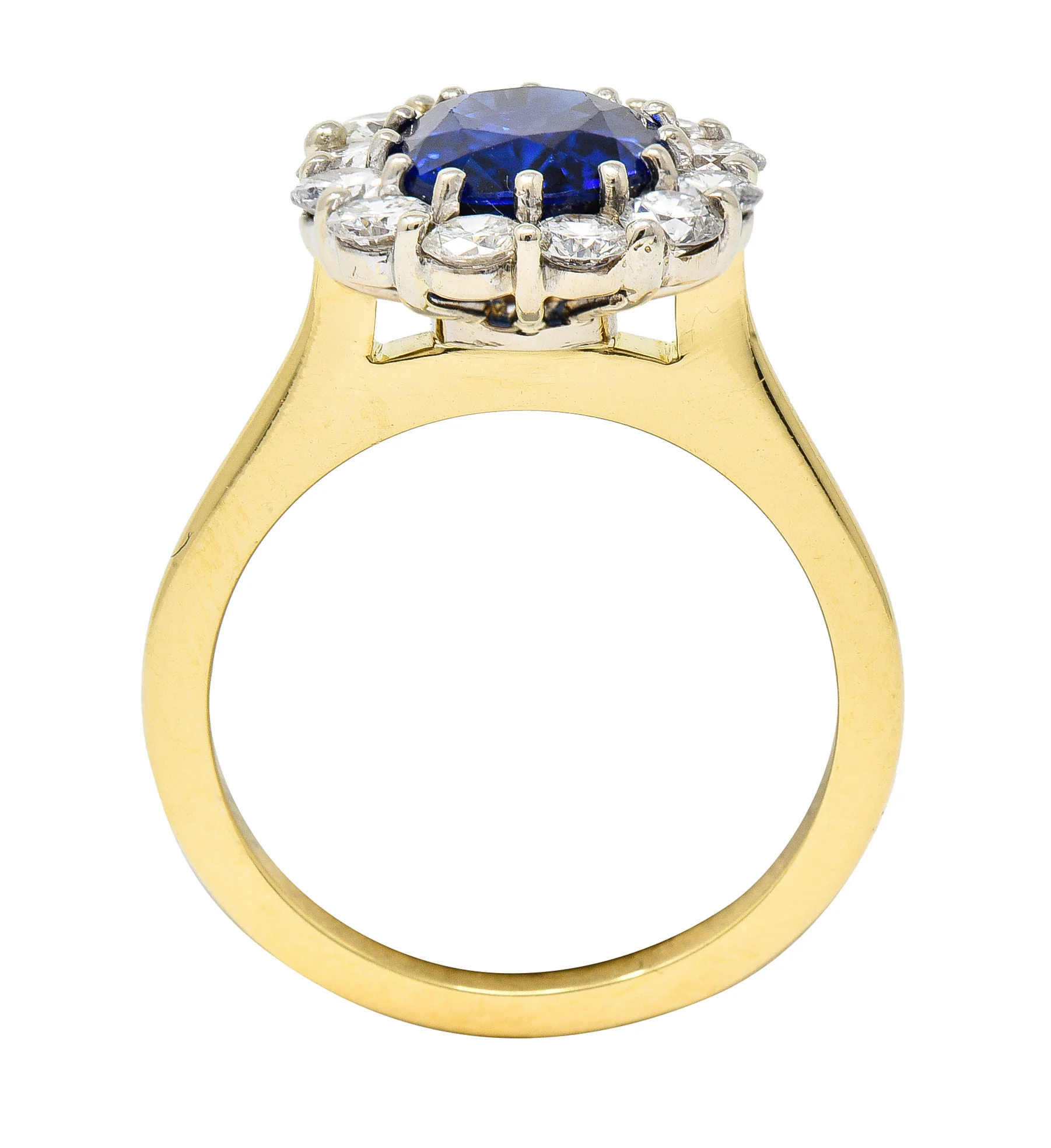 Vintage 3.25 CTW Cushion Cut Sapphire Diamond 18 Karat Two-Tone Vintage Halo Ring GIA - Image 9