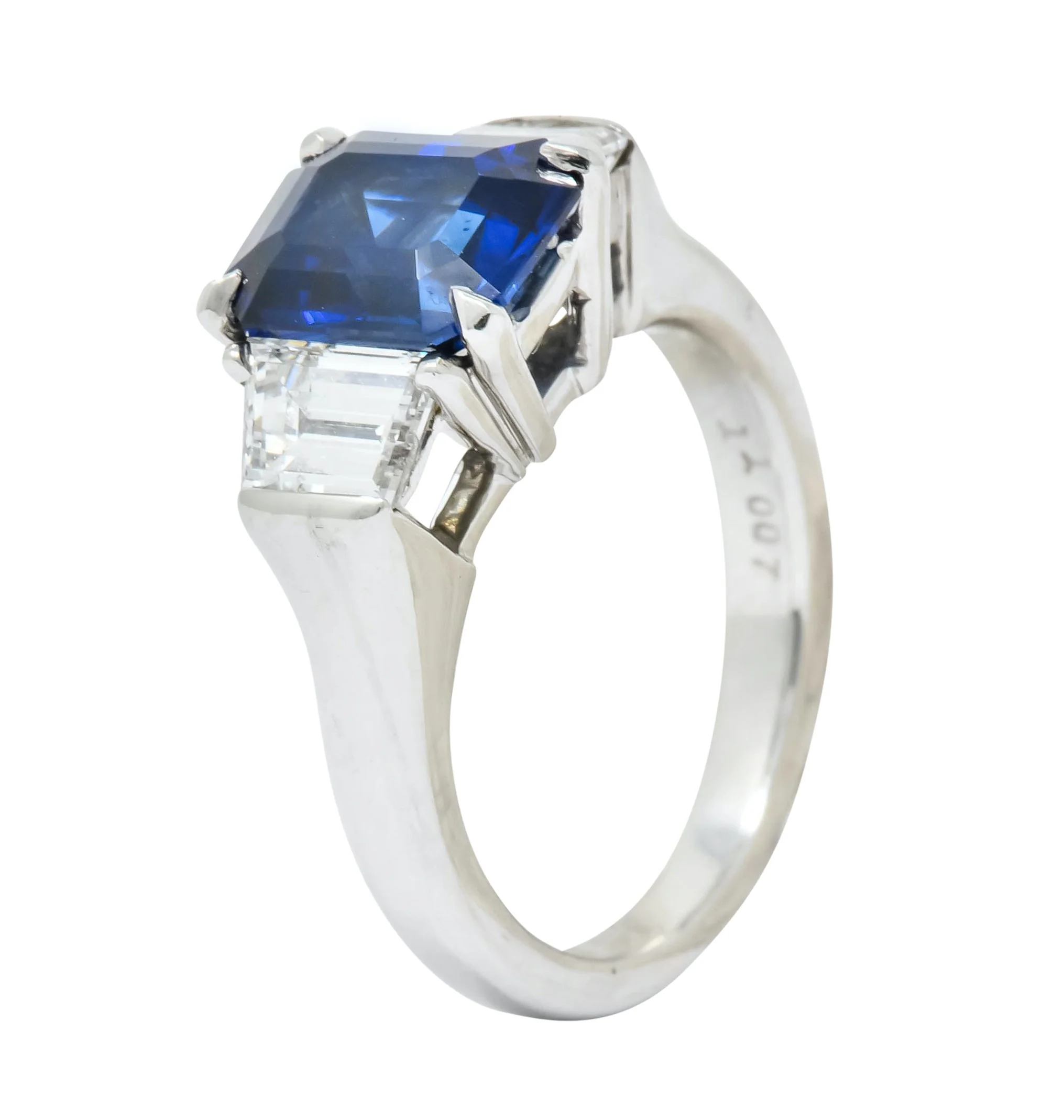 Vintage 4.02 CTW Royal Blue Sapphire Diamond Platinum Three Stone Ring - Image 10