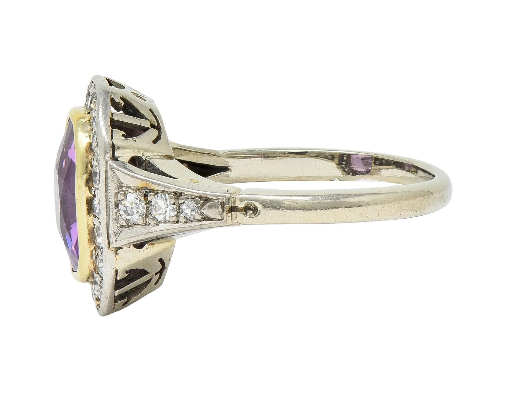 Vintage 4.27 CTW Purple Ceylon Sapphire Diamond Platinum 14 Karat Gold Halo Ring GIA - Image 5