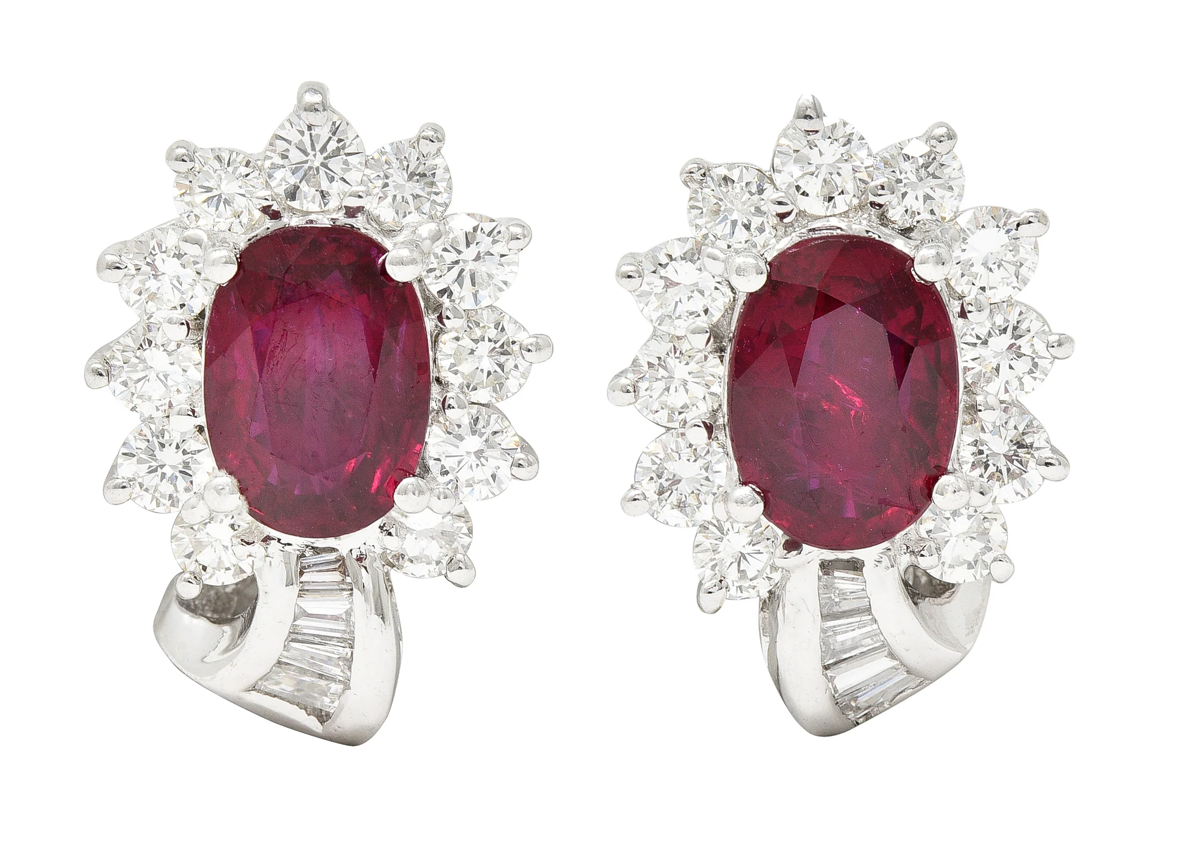 Vintage 5.60 CTW Oval Cut Ruby Diamond 18 Karat White Gold Ribbon Cluster Earrings