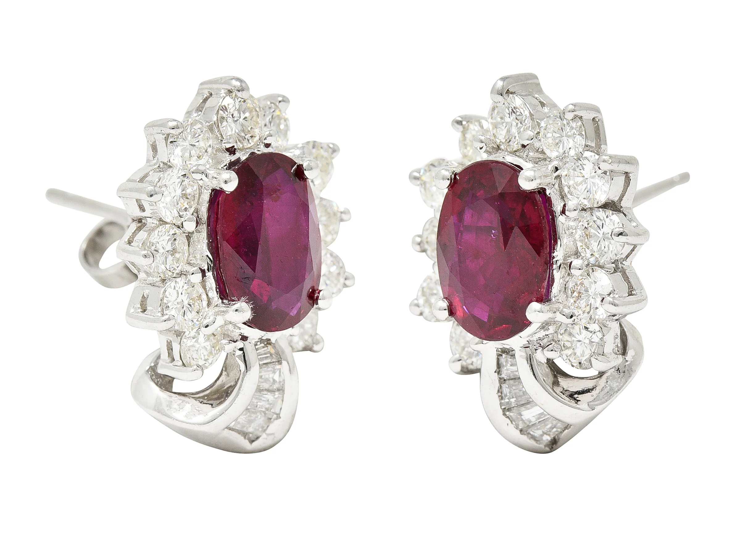 Vintage 5.60 CTW Oval Cut Ruby Diamond 18 Karat White Gold Ribbon Cluster Earrings - Image 6