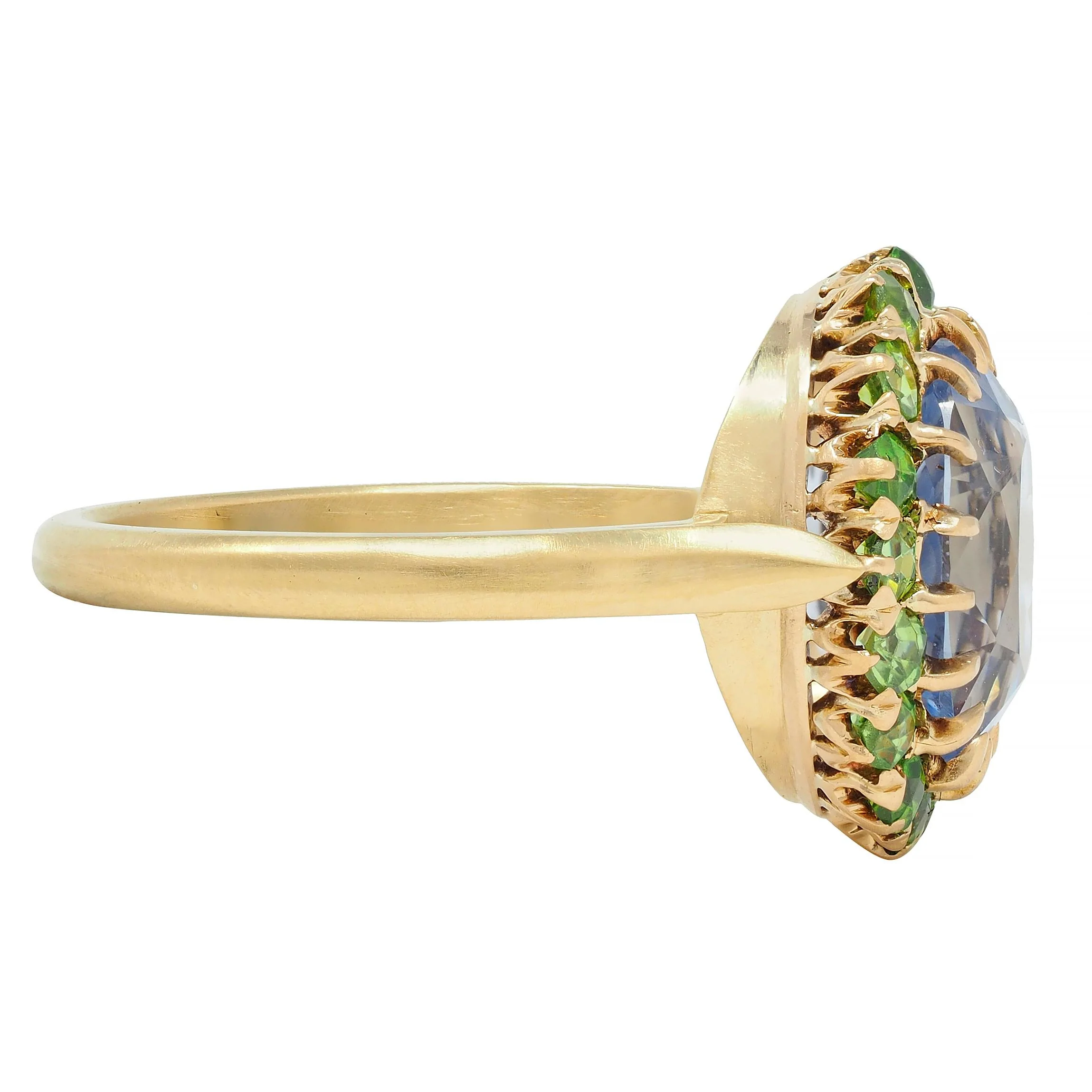 Vintage 5.63 CTW No Heat Ceylon Sapphire Demantoid Garnet 18 Karat Yellow Gold Halo Ring GIA - Image 4