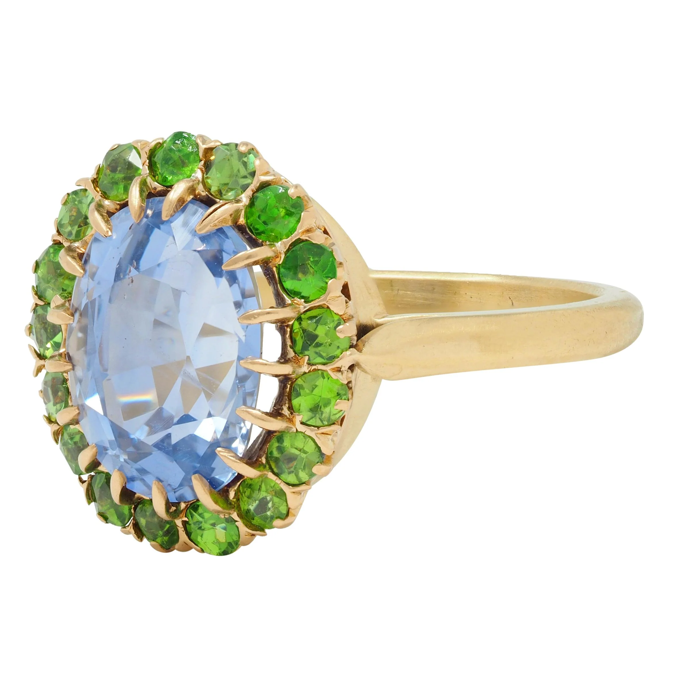 Vintage 5.63 CTW No Heat Ceylon Sapphire Demantoid Garnet 18 Karat Yellow Gold Halo Ring GIA - Image 7