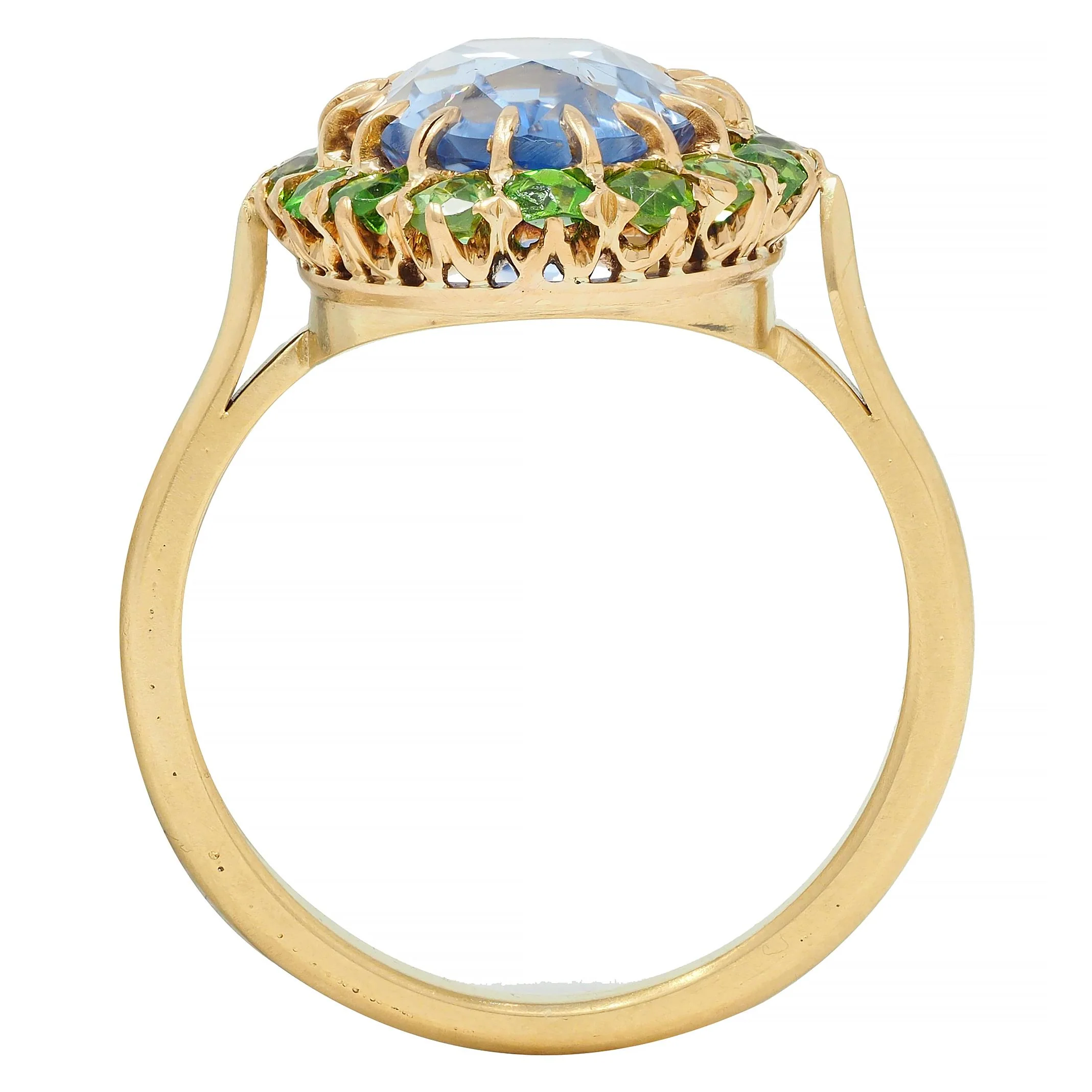 Vintage 5.63 CTW No Heat Ceylon Sapphire Demantoid Garnet 18 Karat Yellow Gold Halo Ring GIA - Image 9