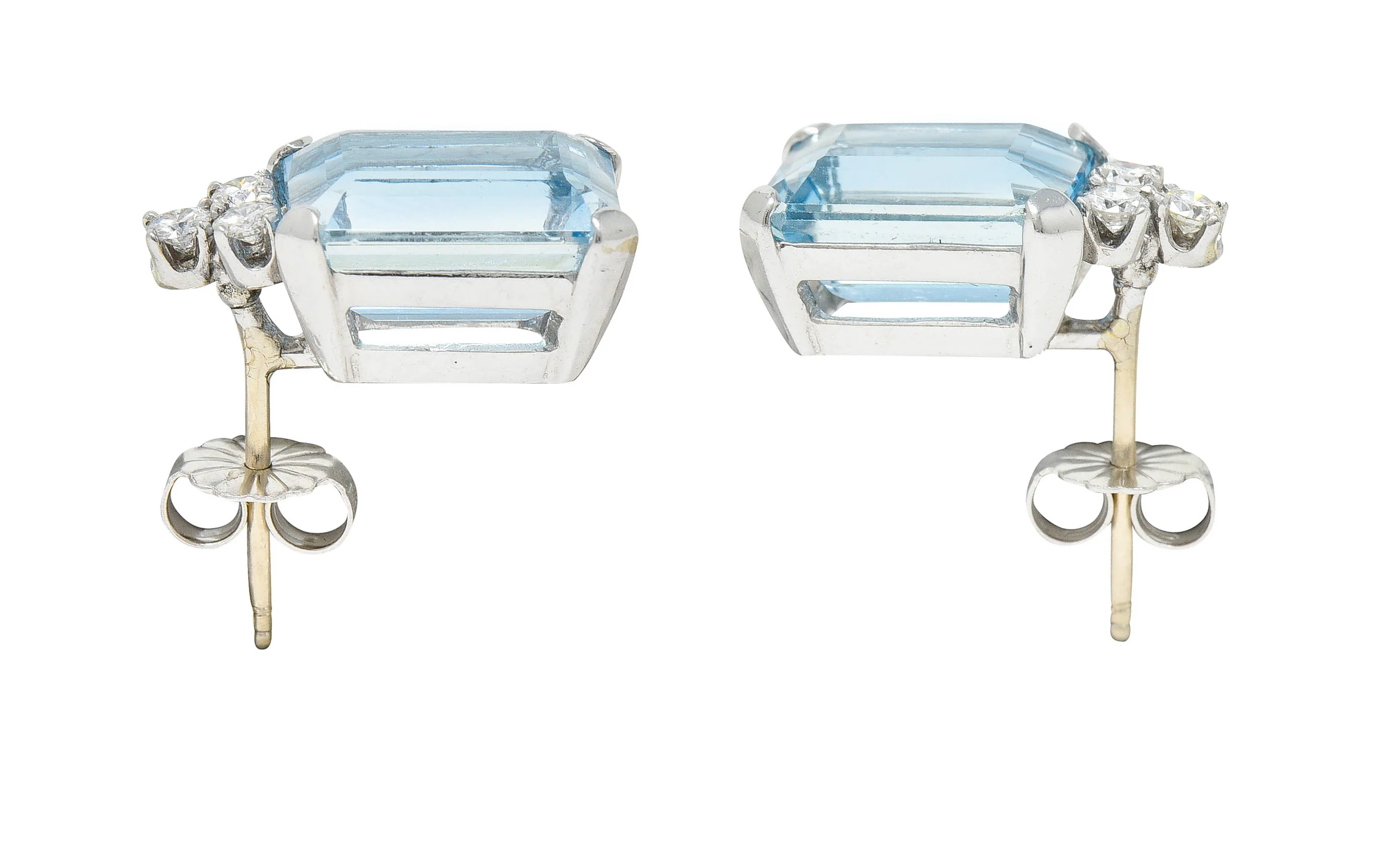 Vintage 9.20 CTW Aquamarine Diamond 14 Karat White Gold Stud Earrings - Image 4