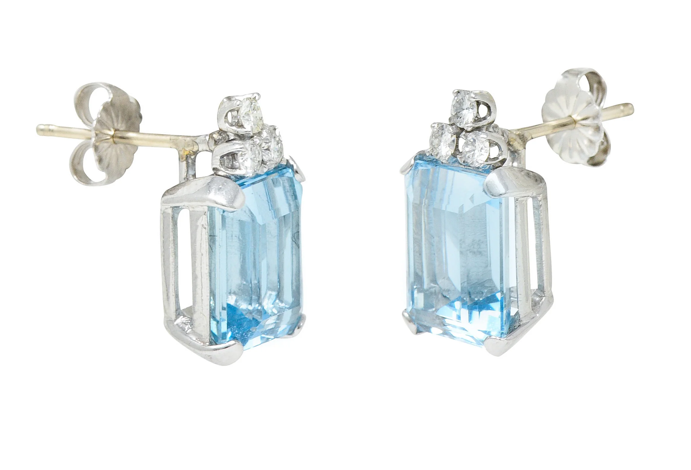 Vintage 9.20 CTW Aquamarine Diamond 14 Karat White Gold Stud Earrings - Image 5