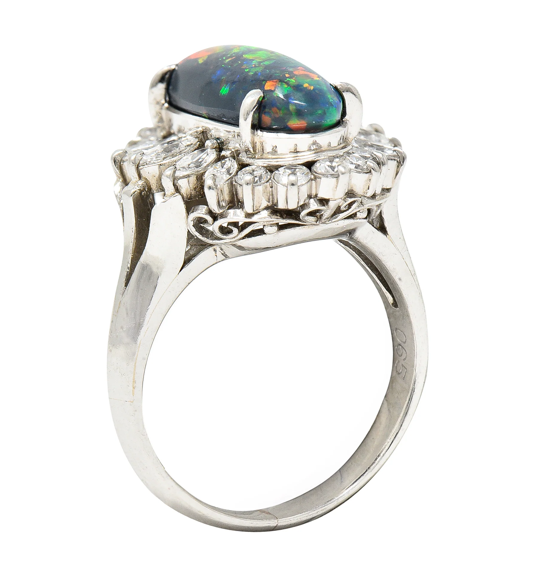Vintage Black Opal Cabochon Marquise Cut Diamond Platinum Cluster Ring - Image 10
