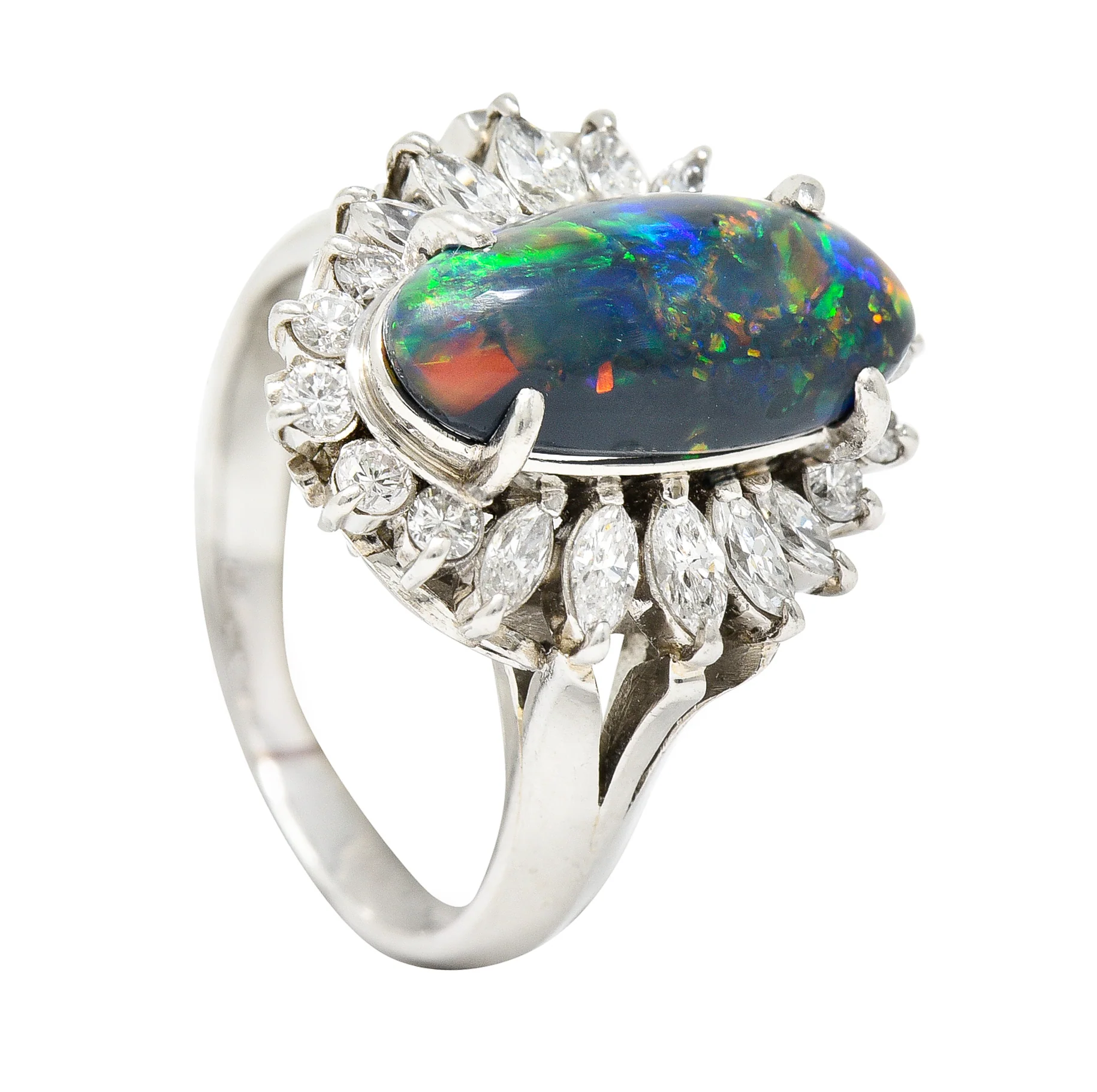 Vintage Black Opal Cabochon Marquise Cut Diamond Platinum Cluster Ring - Image 11