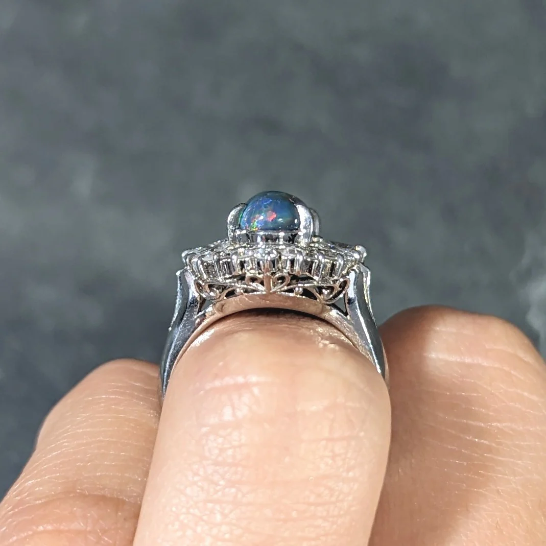 Vintage Black Opal Cabochon Marquise Cut Diamond Platinum Cluster Ring - Image 14
