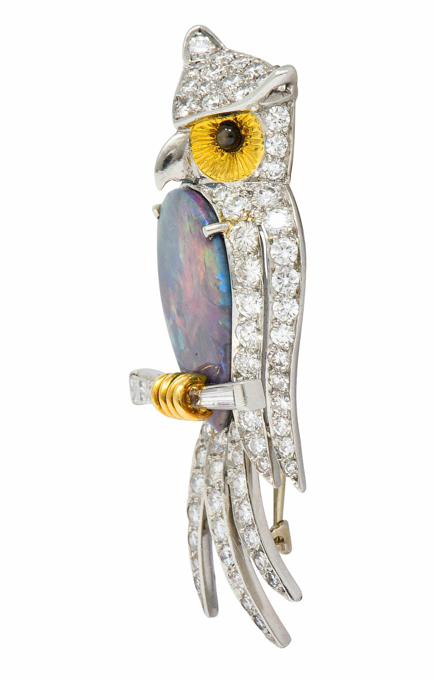 Vintage Black Opal Diamond Platinum 18 Karat Gold Owl Brooch - Image 6