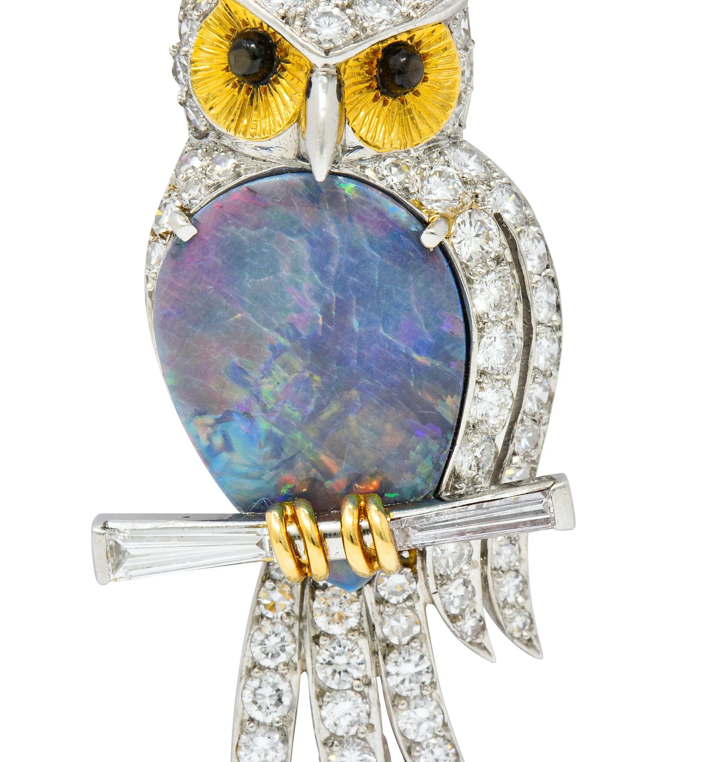 Vintage Black Opal Diamond Platinum 18 Karat Gold Owl Brooch - Image 8