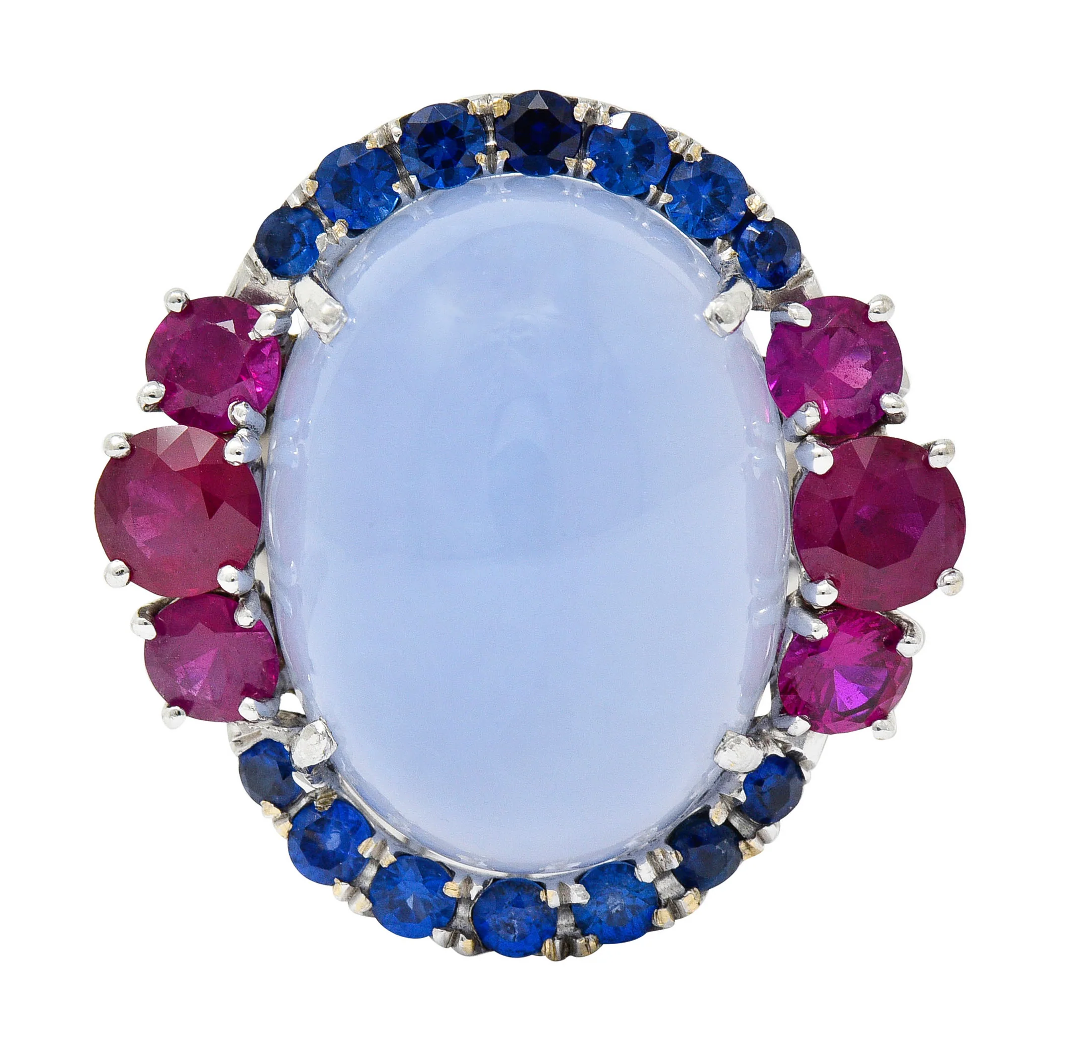Vintage Blue Chalcedony 2.55 CTW Ruby Sapphire 18 Karat White Gold Cocktail Ring