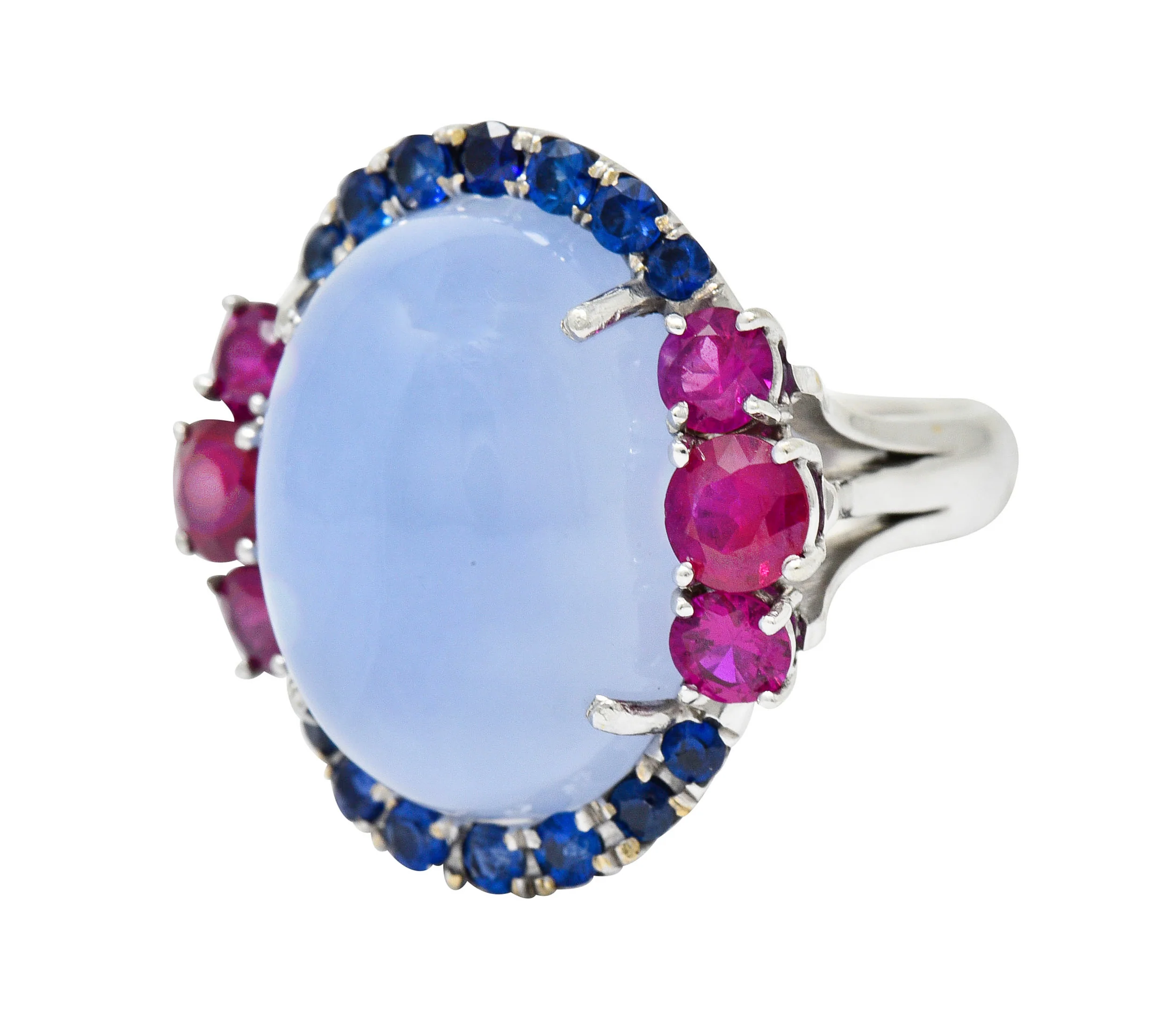 Vintage Blue Chalcedony 2.55 CTW Ruby Sapphire 18 Karat White Gold Cocktail Ring - Image 6