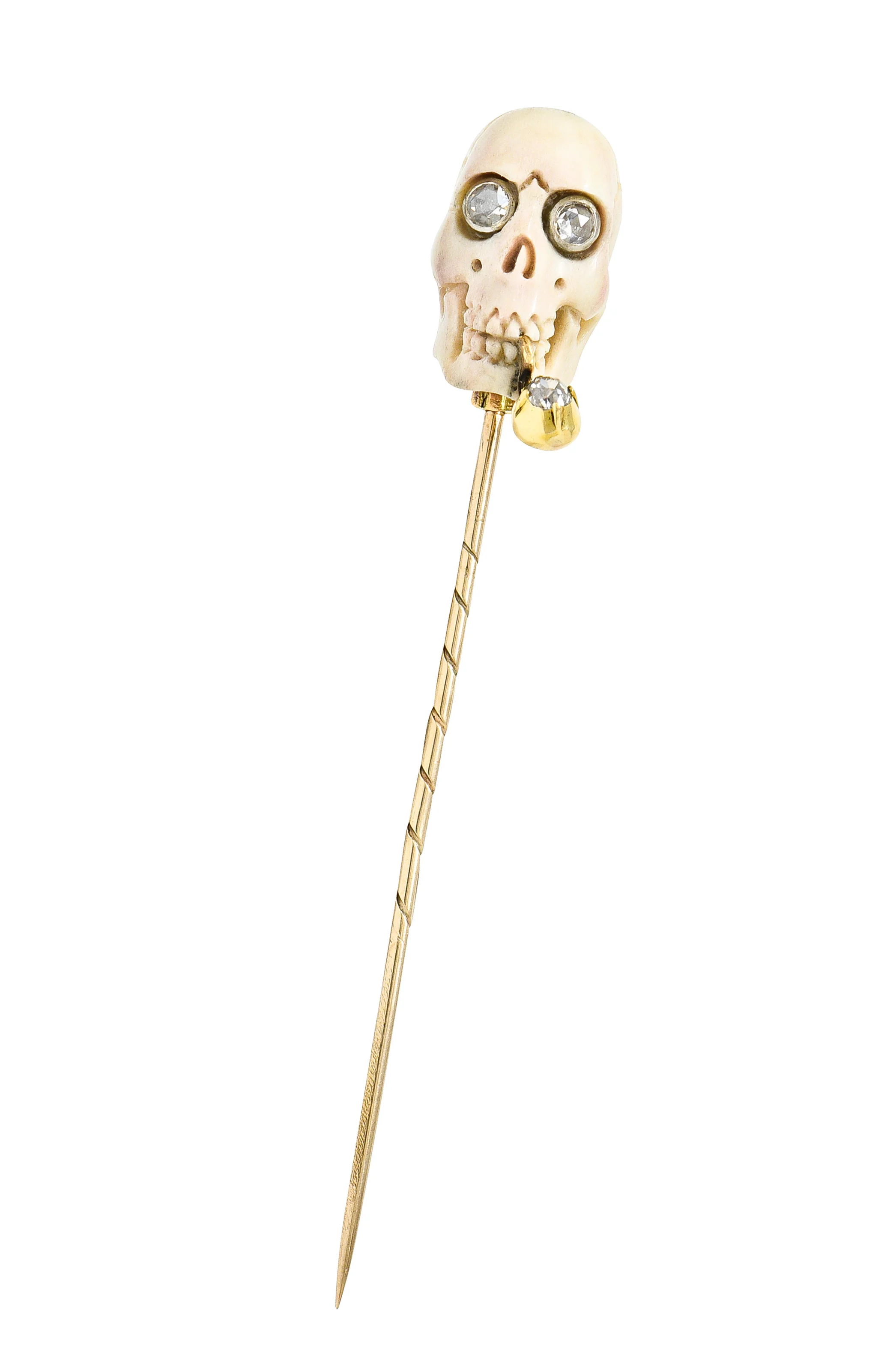 Vintage Bone Diamond 18 Karat Gold Smoking Skull Stickpin - Image 2