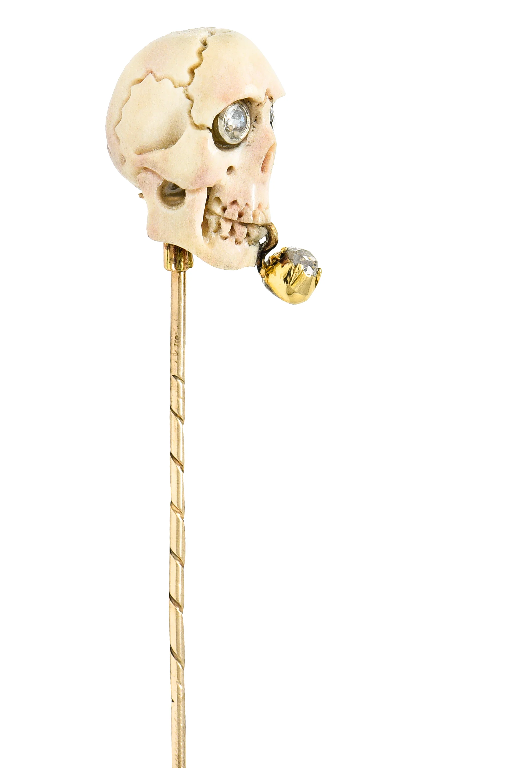 Vintage Bone Diamond 18 Karat Gold Smoking Skull Stickpin - Image 3