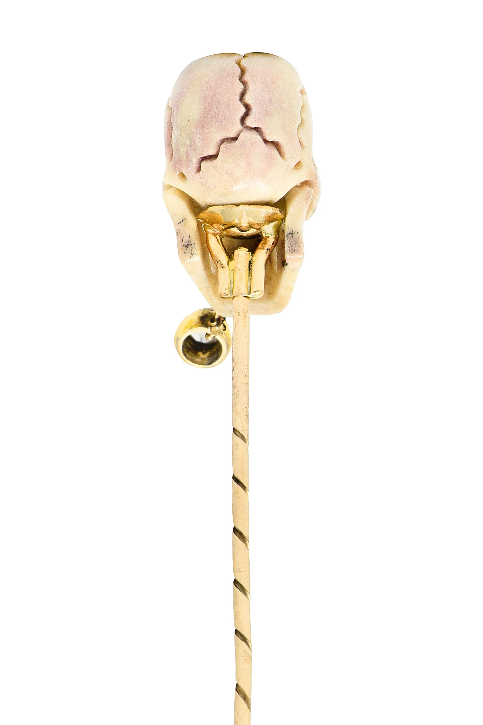 Vintage Bone Diamond 18 Karat Gold Smoking Skull Stickpin - Image 4