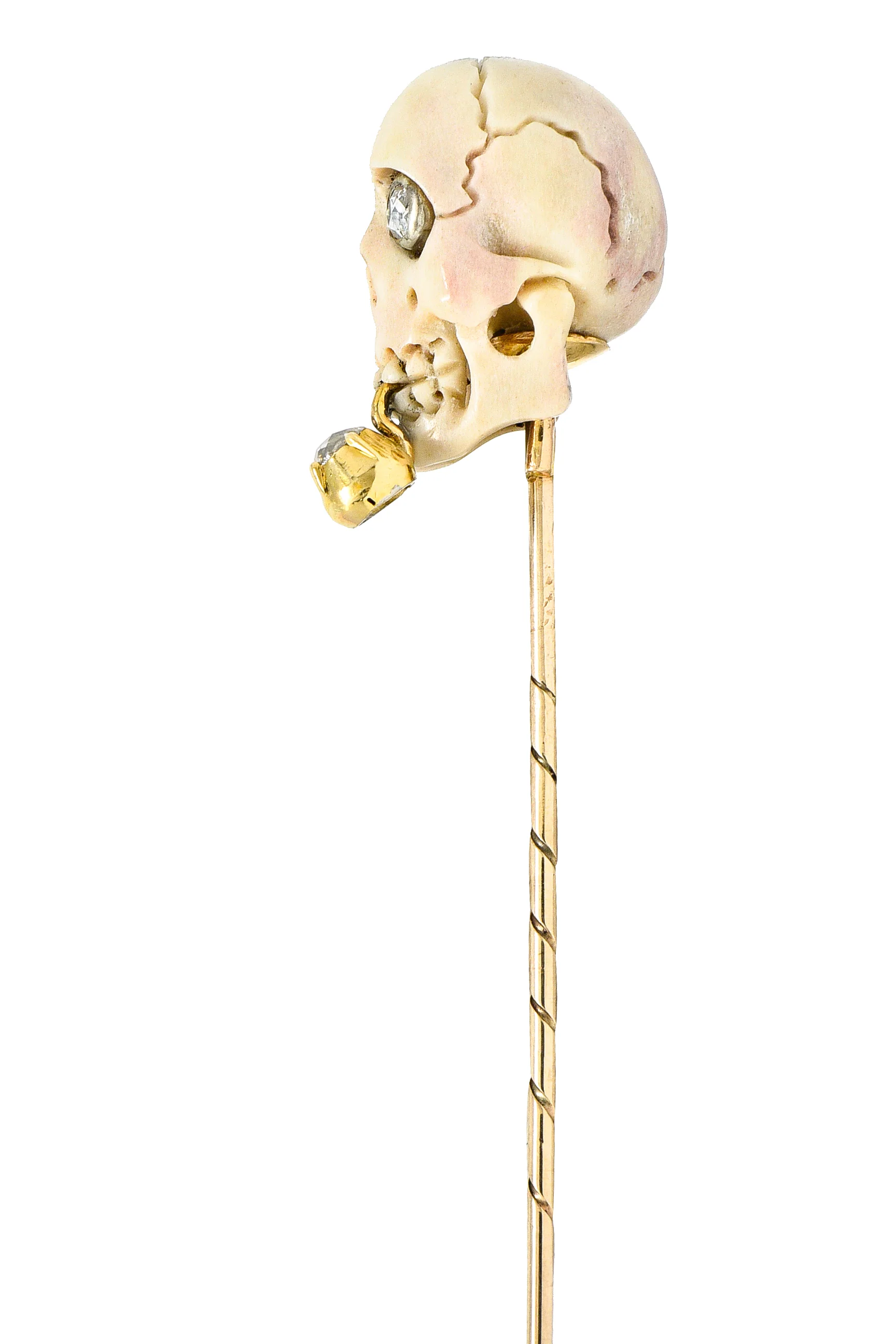 Vintage Bone Diamond 18 Karat Gold Smoking Skull Stickpin - Image 5