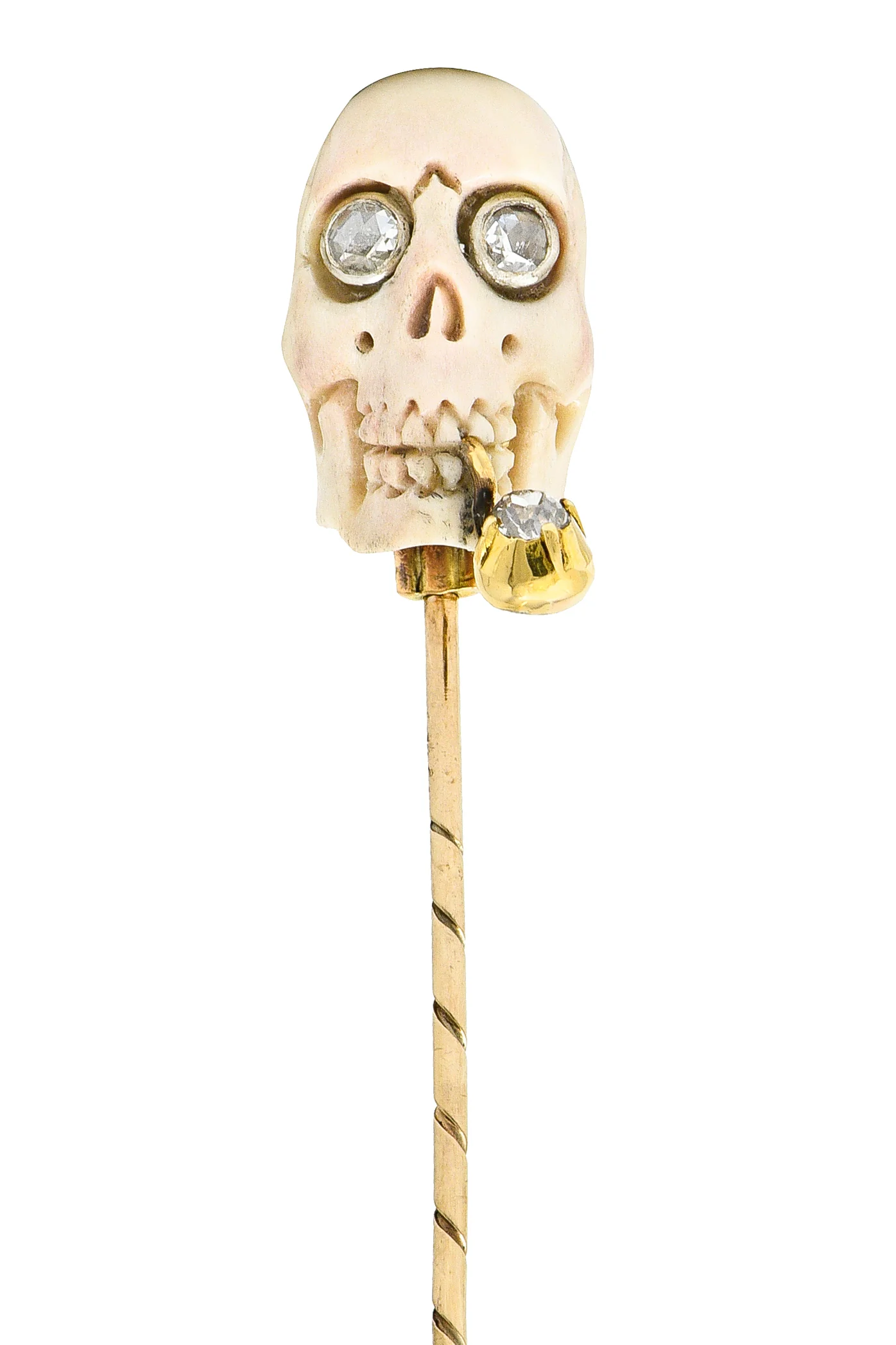 Vintage Bone Diamond 18 Karat Gold Smoking Skull Stickpin - Image 7