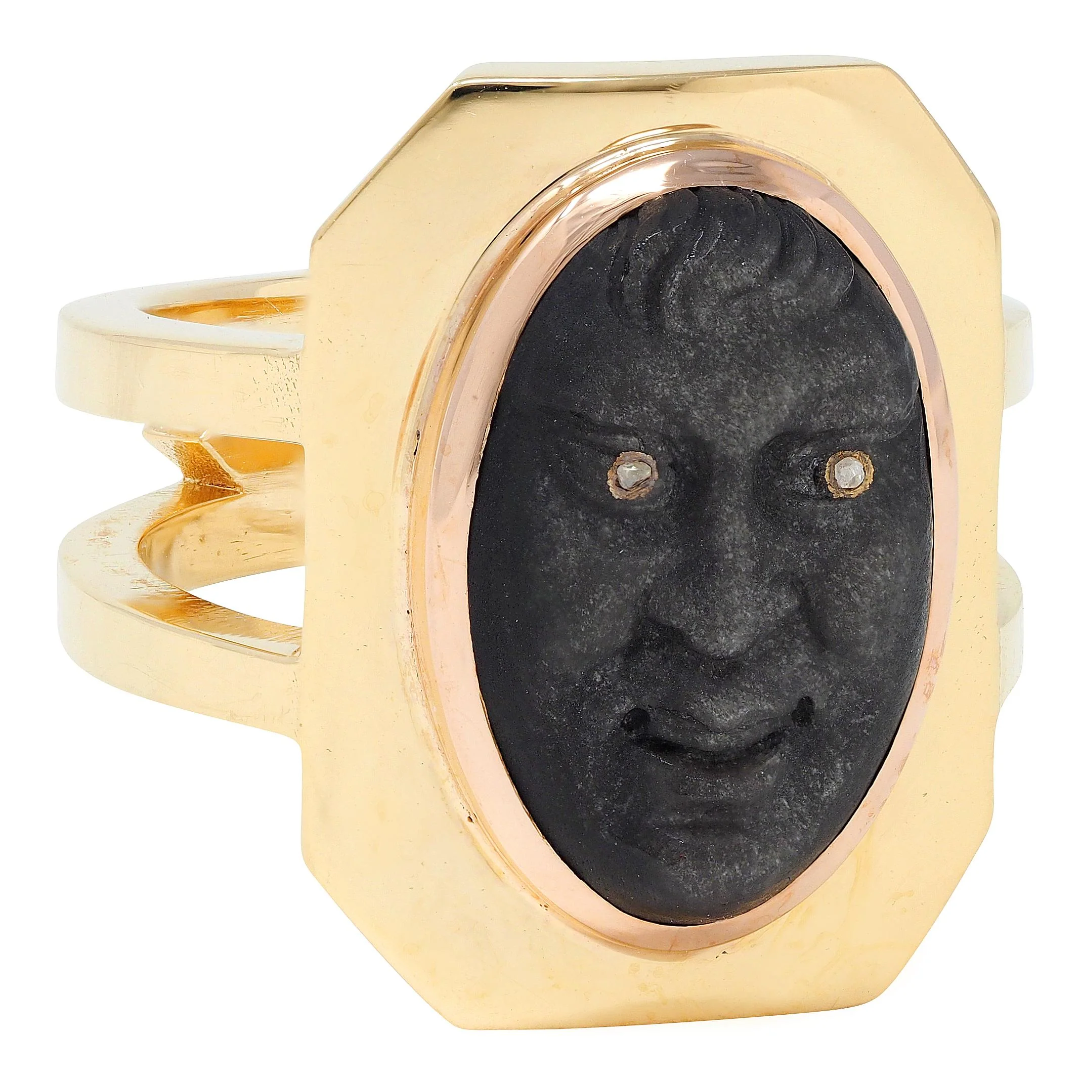 Vintage Diamond Carved Black Labradorite 18 Karat Two-Tone Gold Face Ring - Image 3