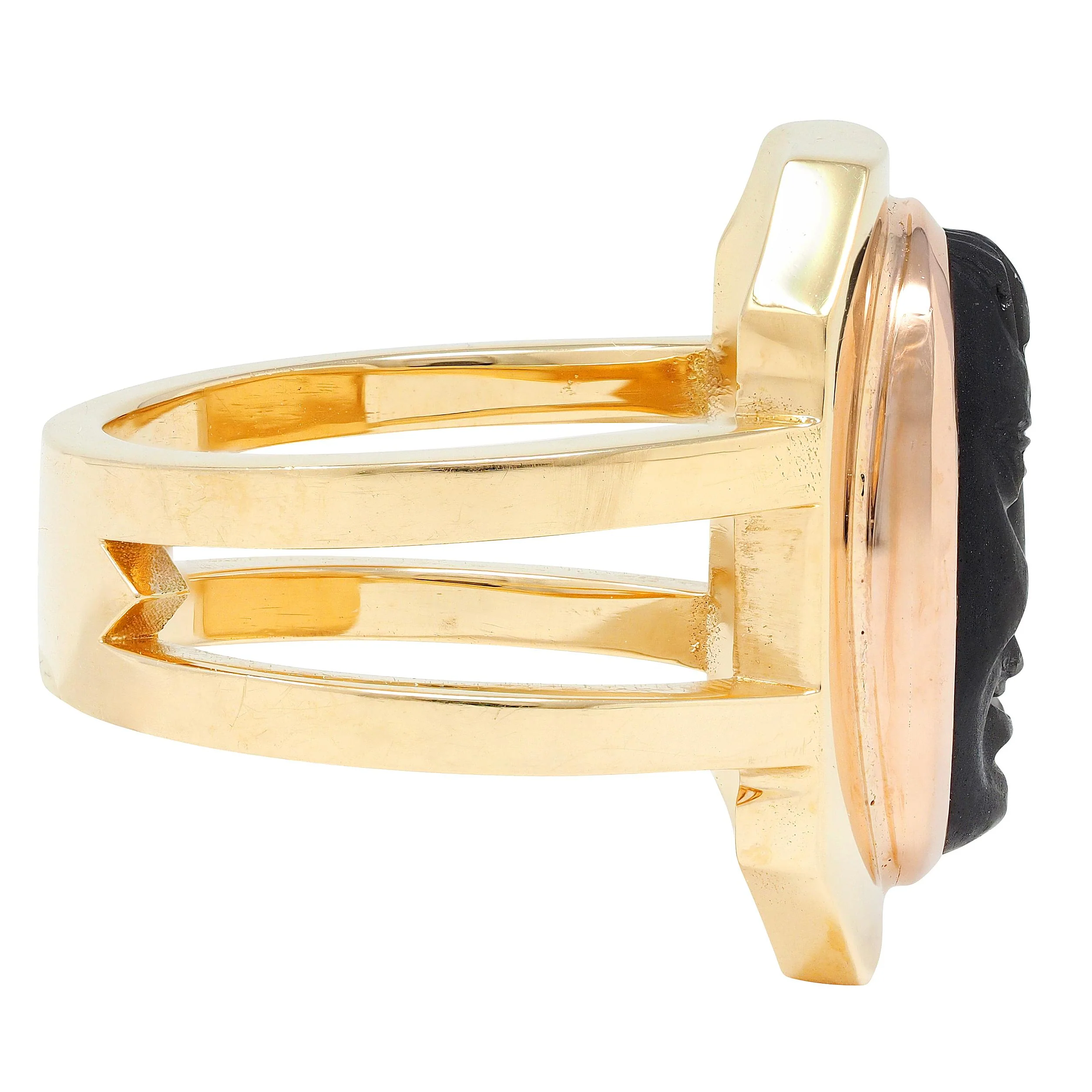 Vintage Diamond Carved Black Labradorite 18 Karat Two-Tone Gold Face Ring - Image 4