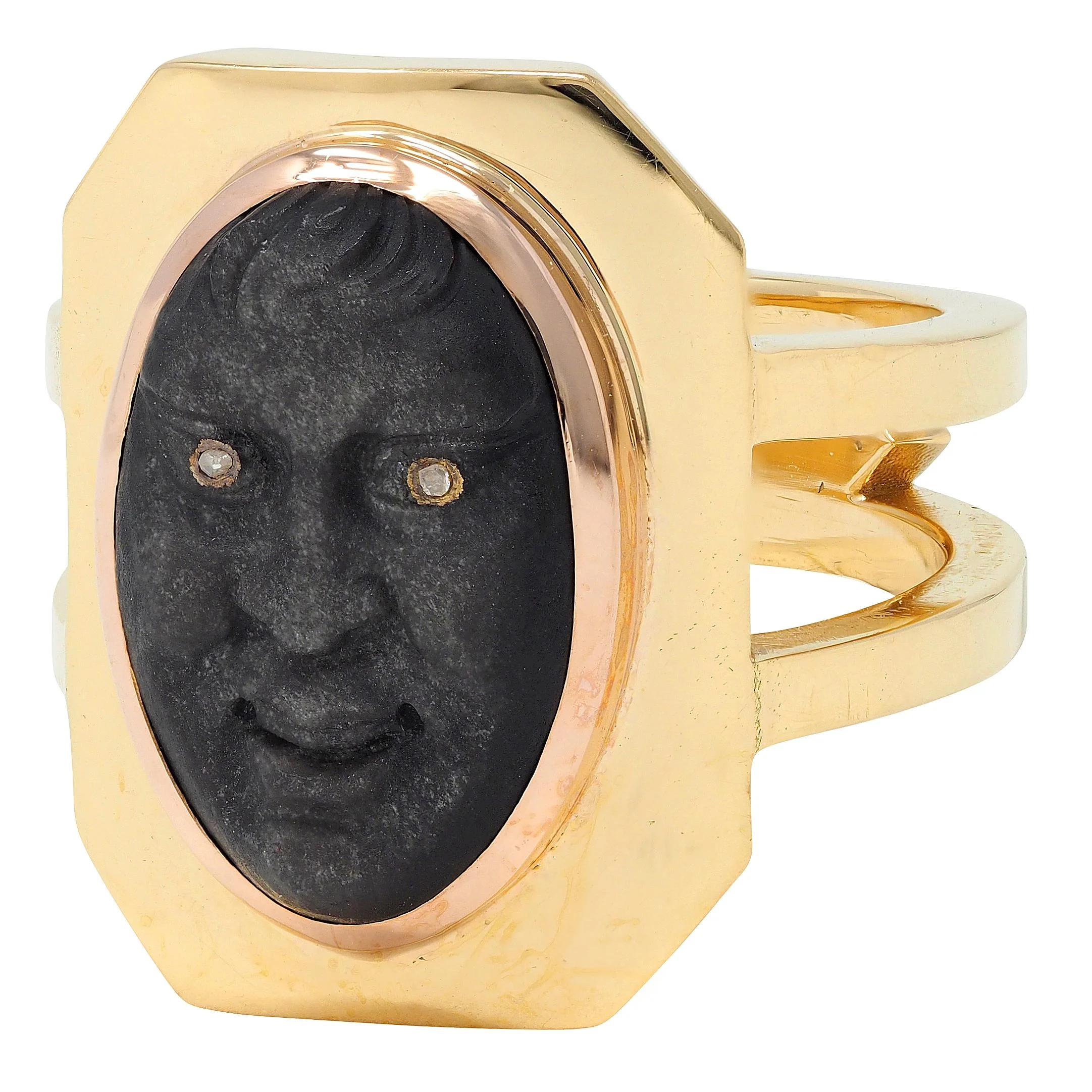 Vintage Diamond Carved Black Labradorite 18 Karat Two-Tone Gold Face Ring - Image 7