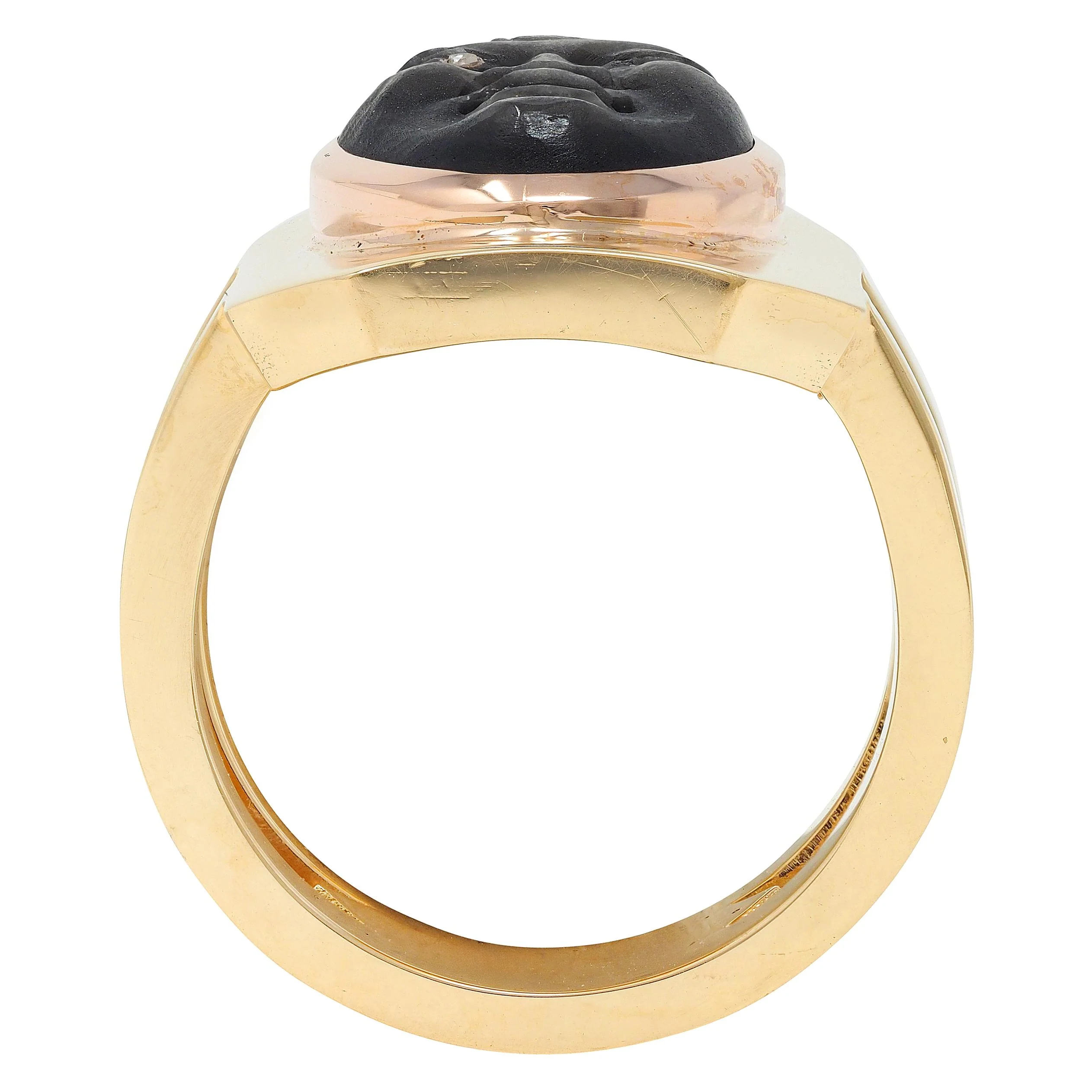Vintage Diamond Carved Black Labradorite 18 Karat Two-Tone Gold Face Ring - Image 9