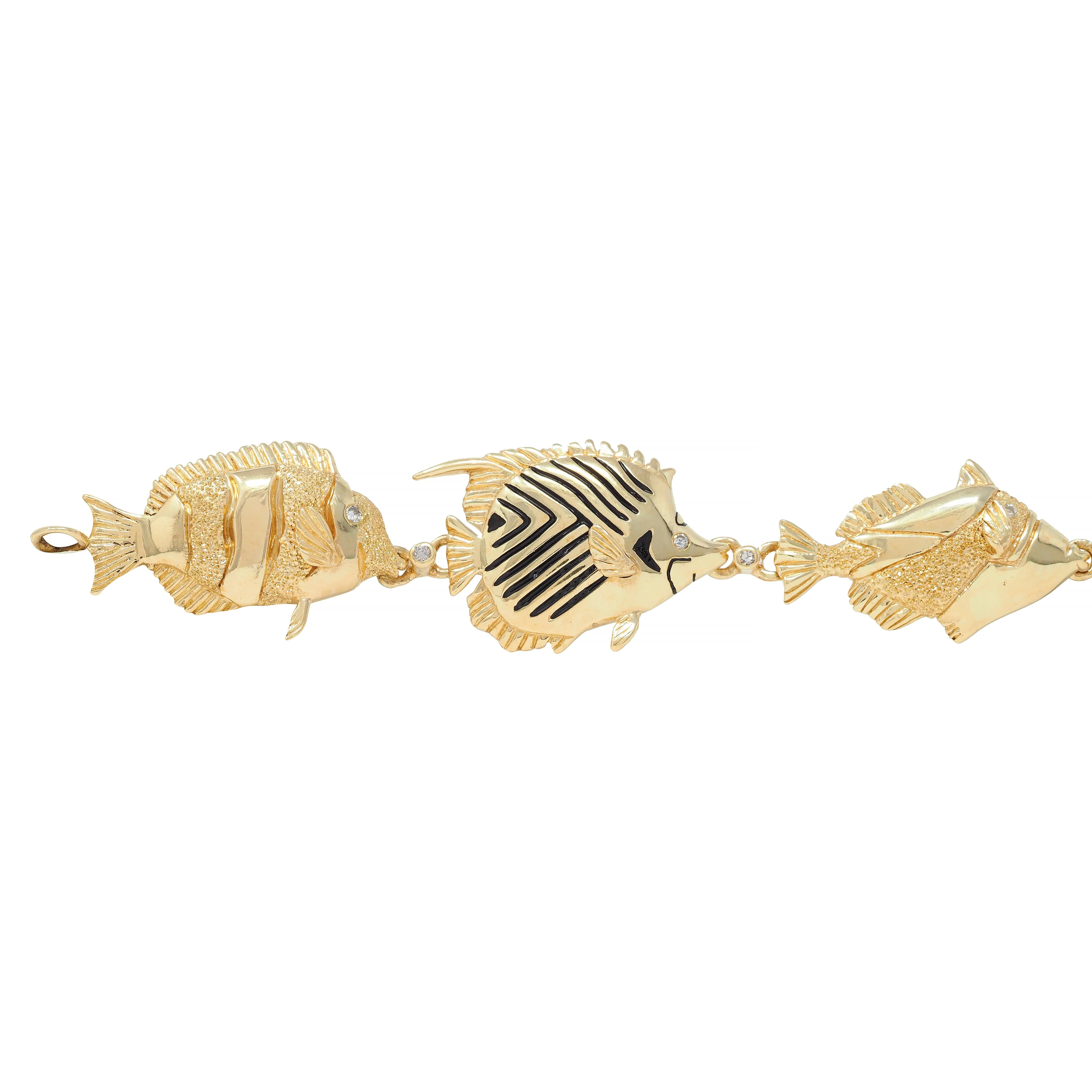 Vintage Diamond Enamel 14 Karat Yellow Gold Tropical Fish Link Bracelet - Image 2