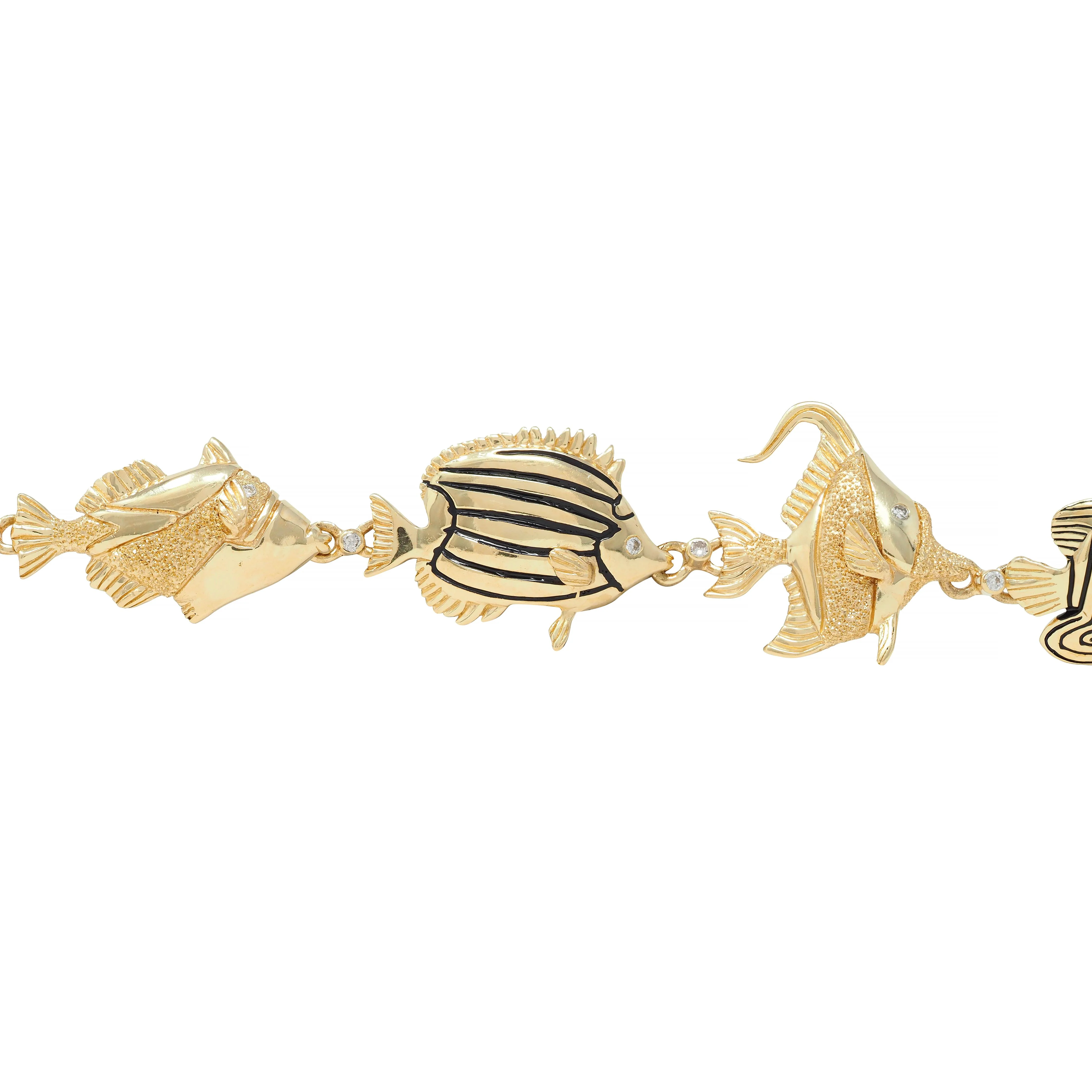 Vintage Diamond Enamel 14 Karat Yellow Gold Tropical Fish Link Bracelet - Image 3