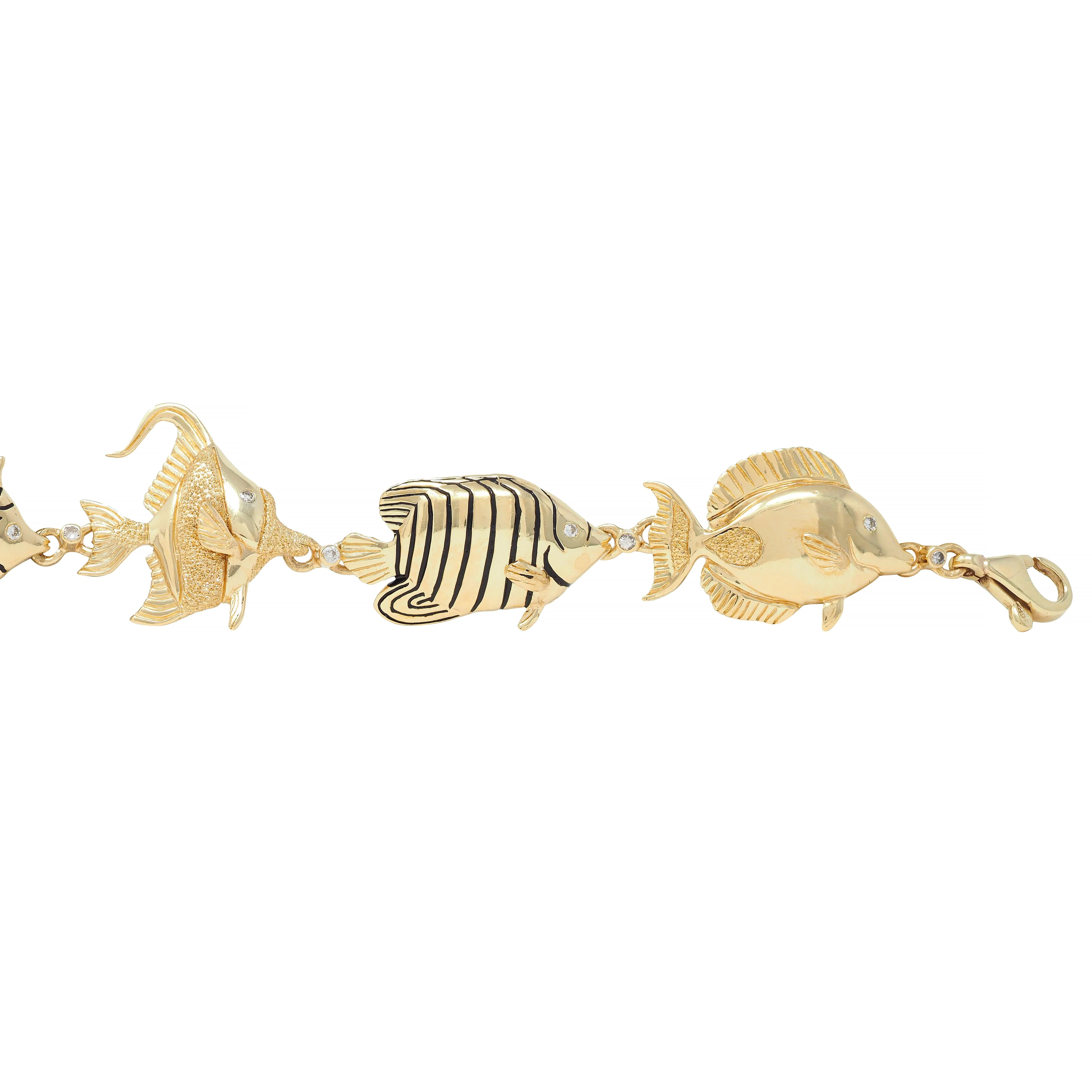 Vintage Diamond Enamel 14 Karat Yellow Gold Tropical Fish Link Bracelet - Image 4