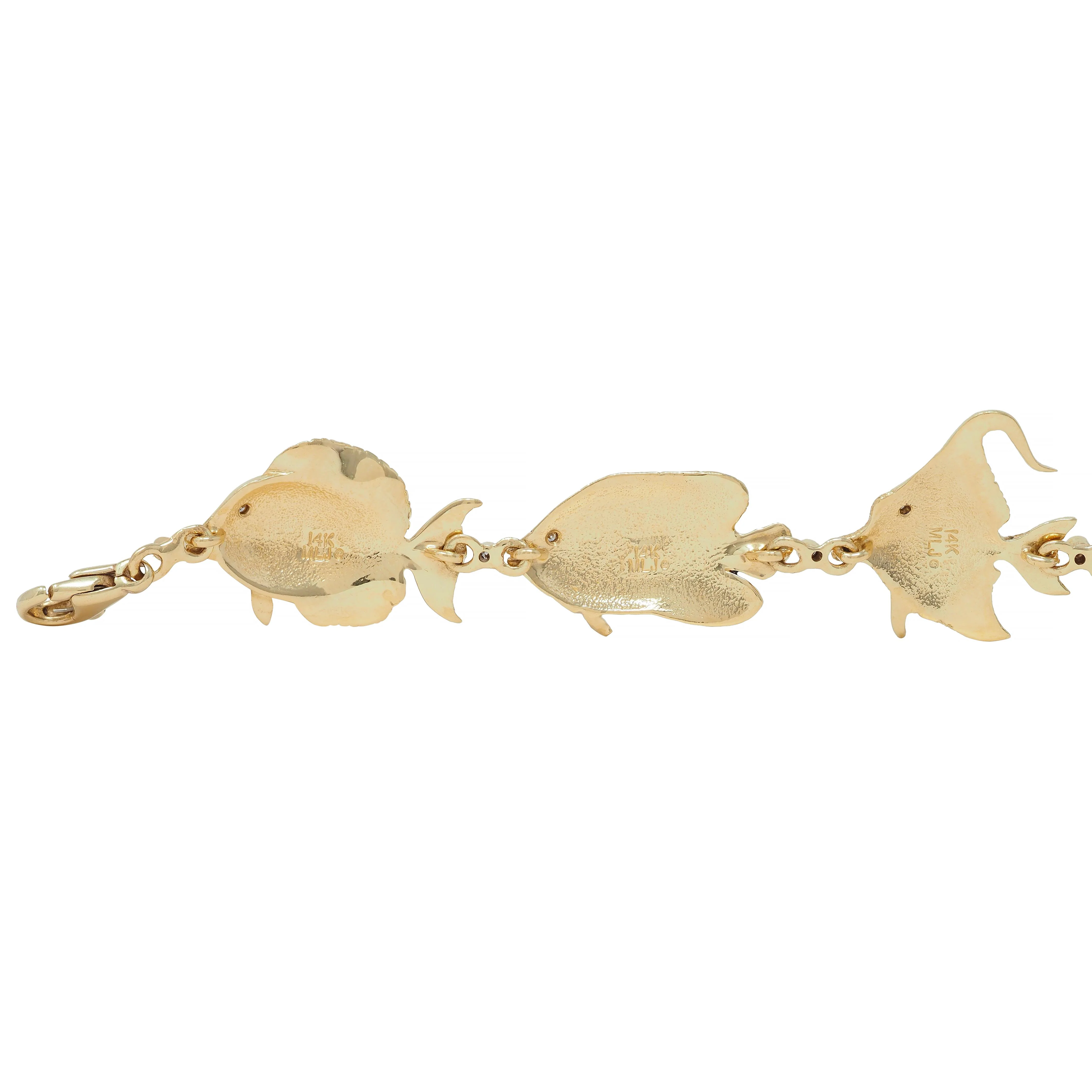 Vintage Diamond Enamel 14 Karat Yellow Gold Tropical Fish Link Bracelet - Image 6