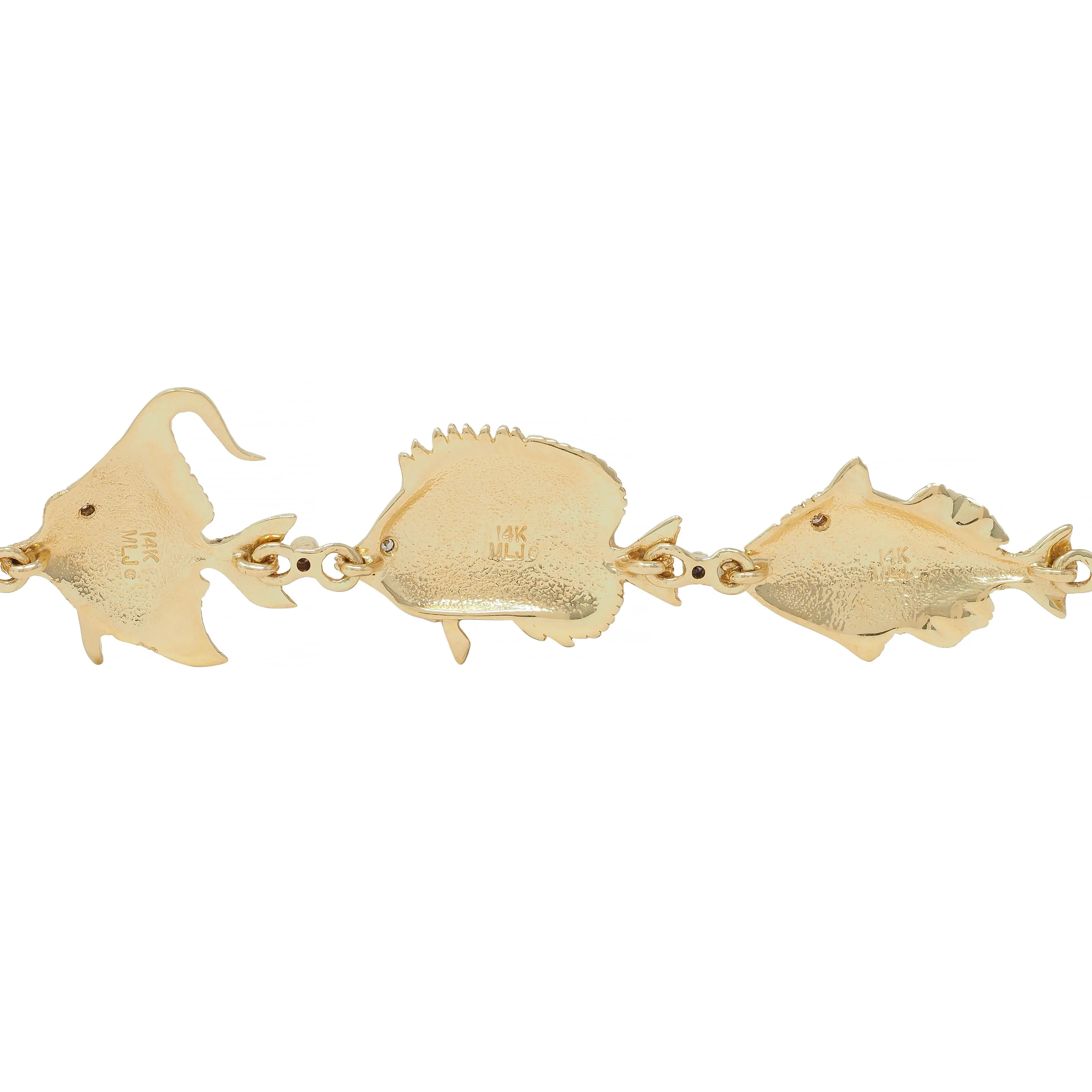 Vintage Diamond Enamel 14 Karat Yellow Gold Tropical Fish Link Bracelet - Image 7