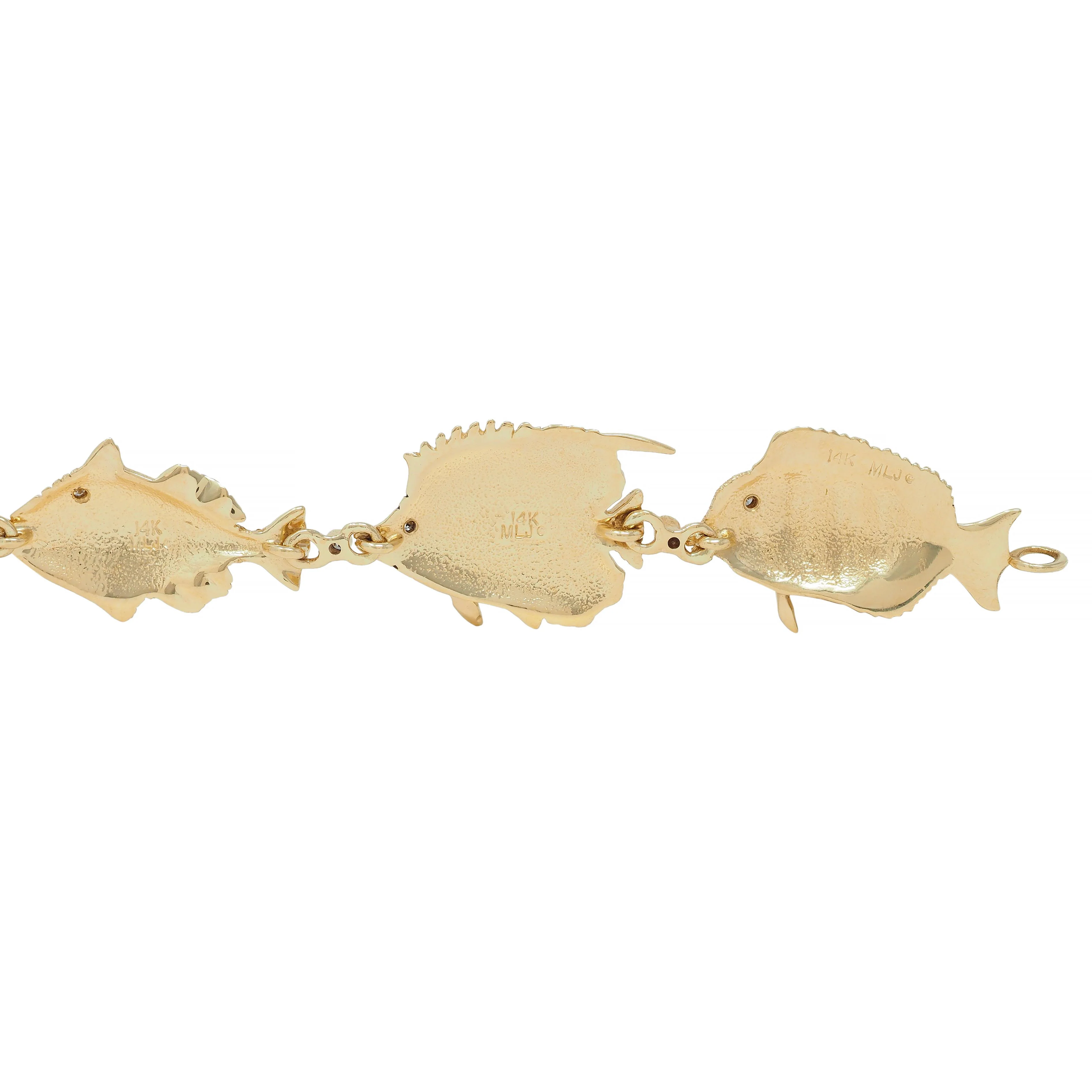 Vintage Diamond Enamel 14 Karat Yellow Gold Tropical Fish Link Bracelet - Image 8