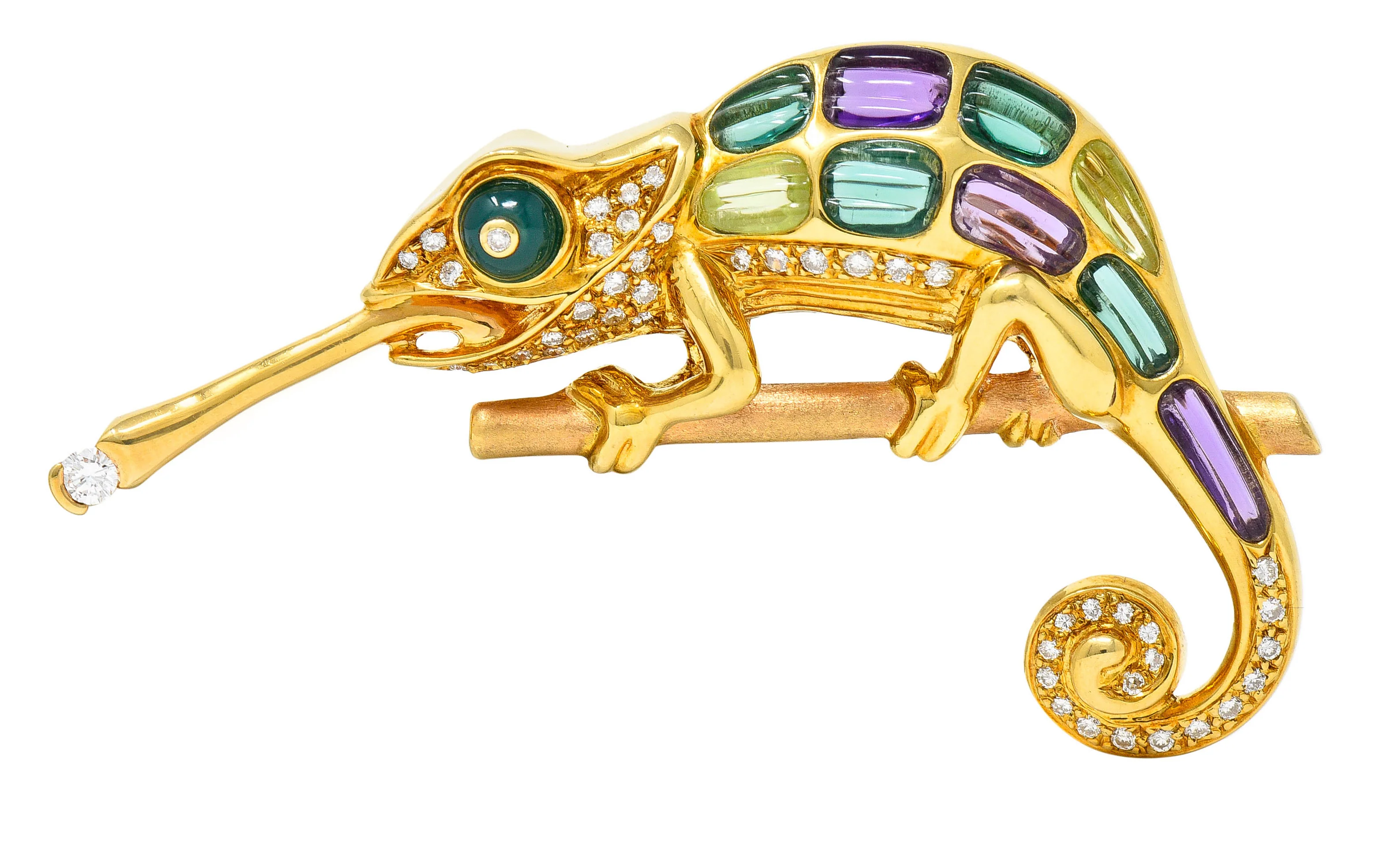 Vintage Diamond Multi-Gem 18 Karat Gold Carved Stone Chameleon Brooch