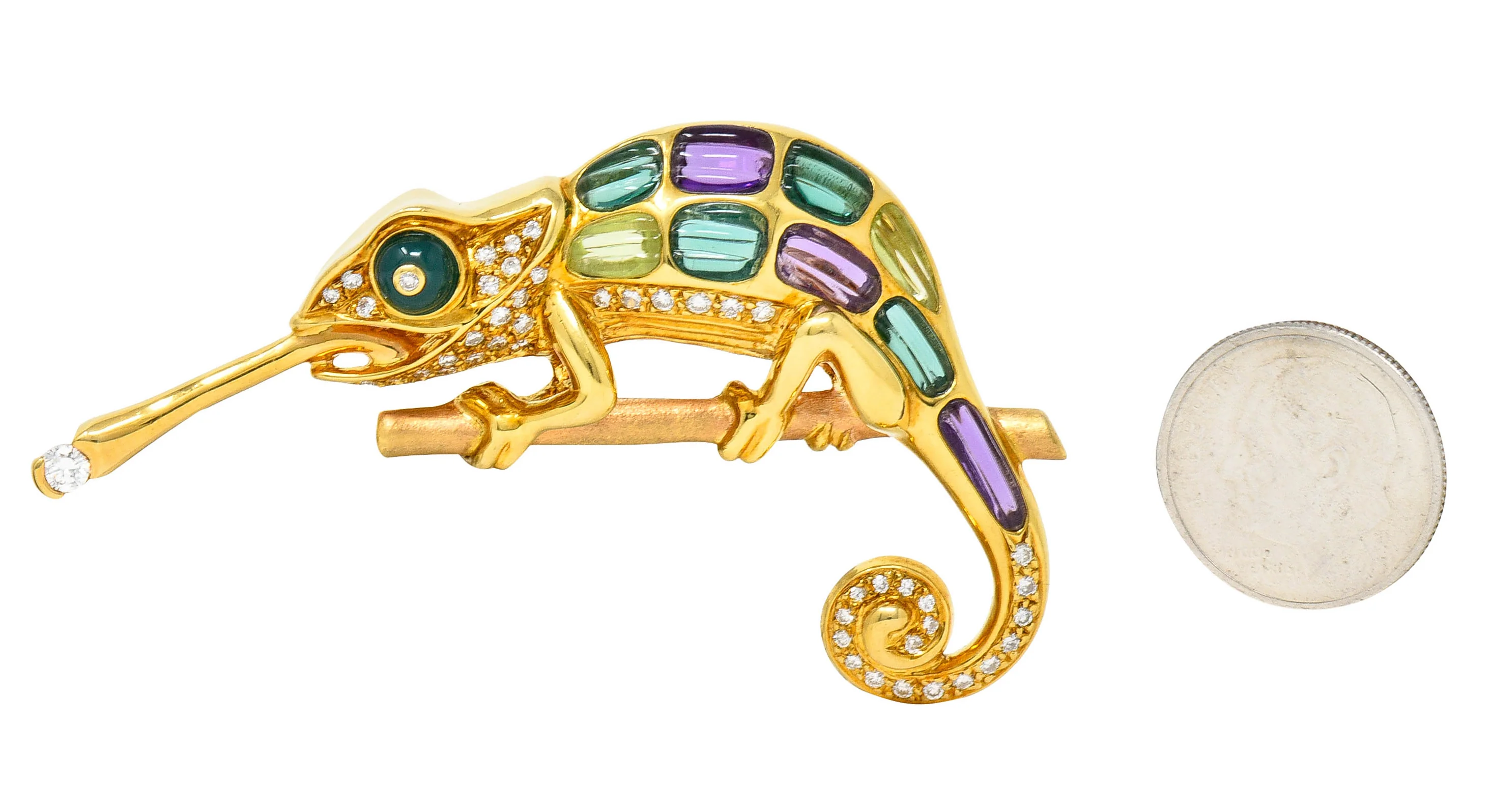 Vintage Diamond Multi-Gem 18 Karat Gold Carved Stone Chameleon Brooch - Image 11