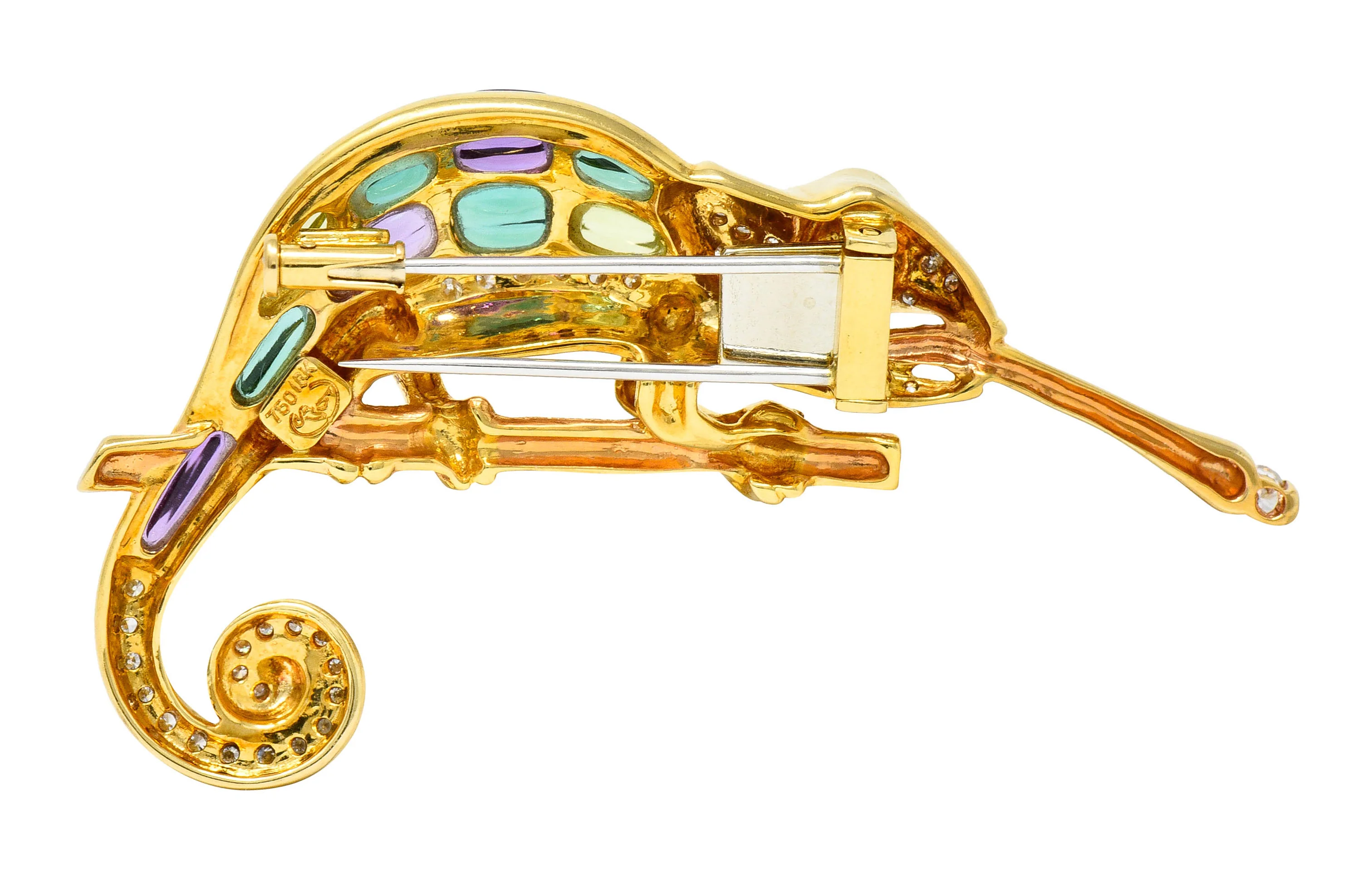 Vintage Diamond Multi-Gem 18 Karat Gold Carved Stone Chameleon Brooch - Image 3