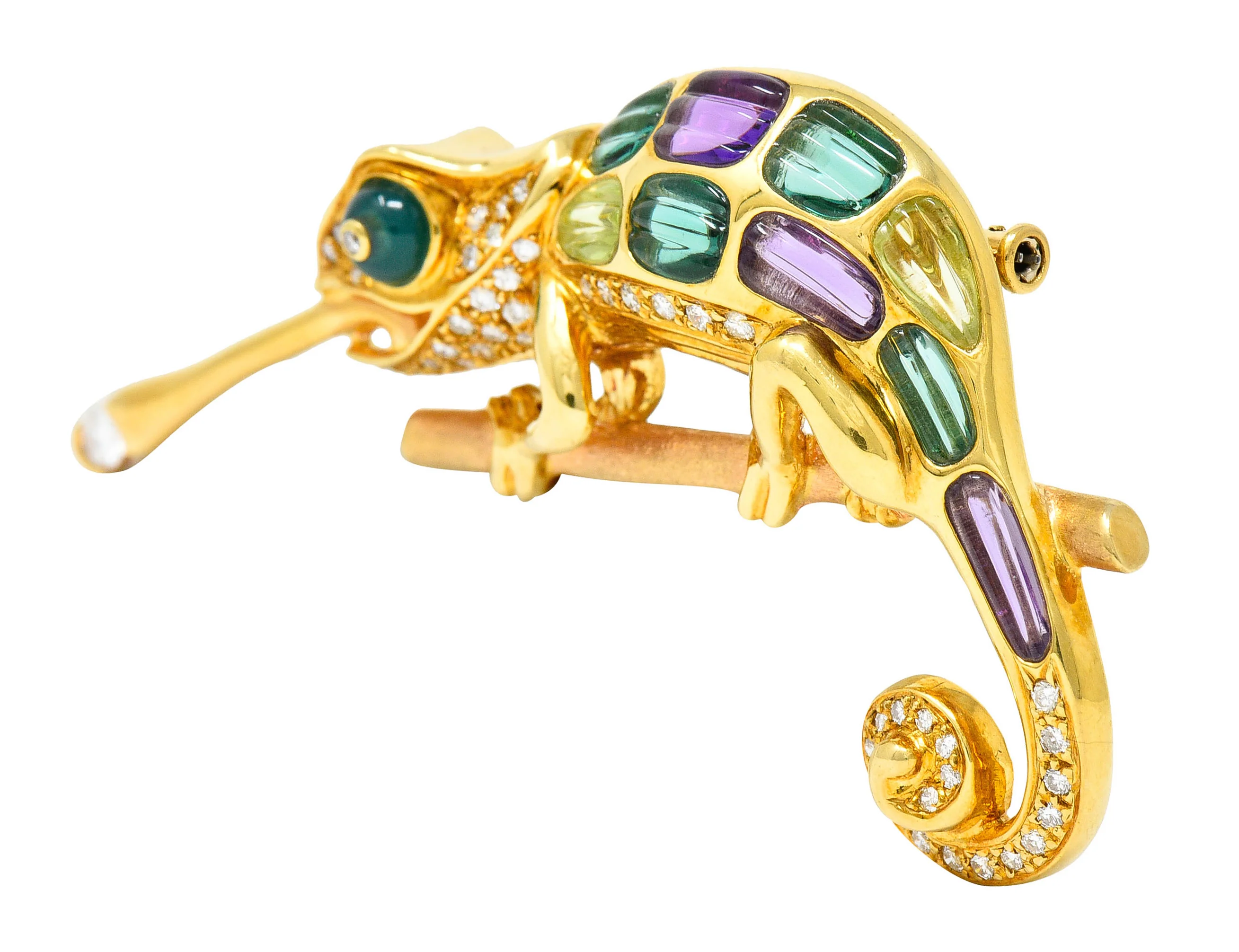 Vintage Diamond Multi-Gem 18 Karat Gold Carved Stone Chameleon Brooch - Image 4