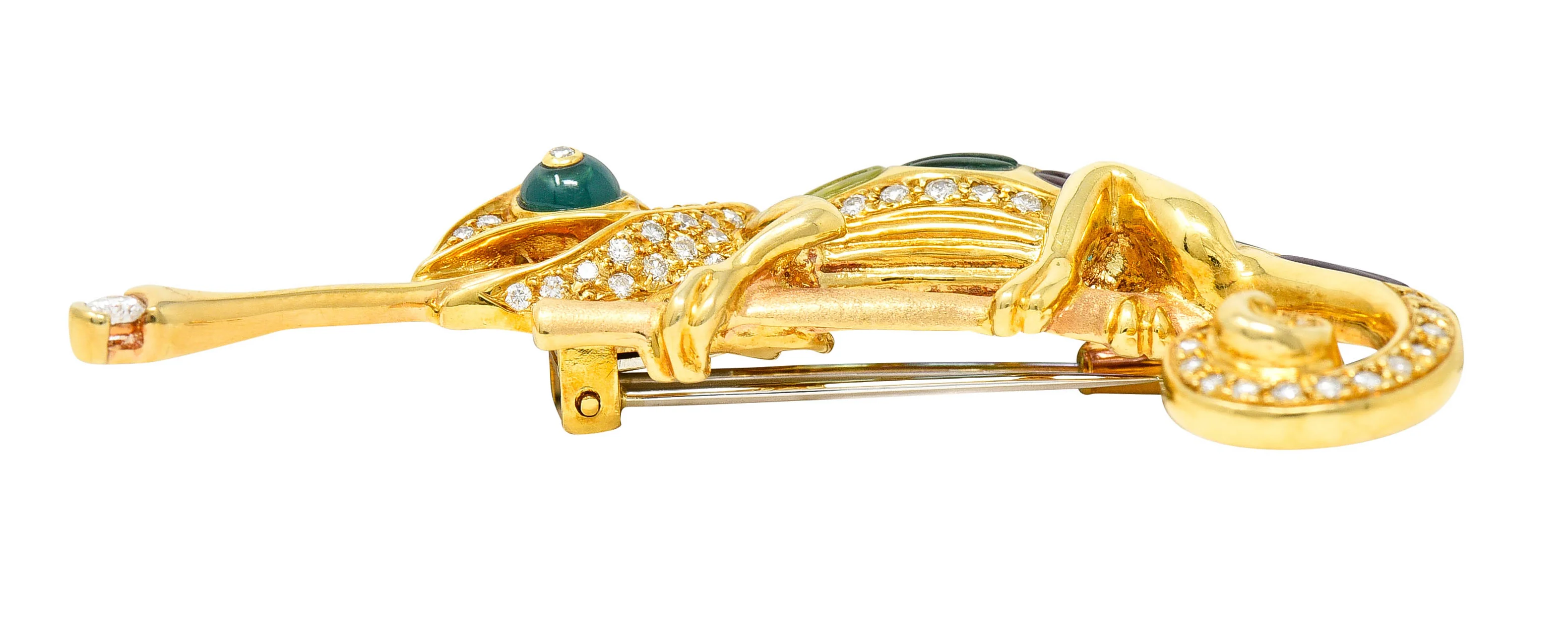 Vintage Diamond Multi-Gem 18 Karat Gold Carved Stone Chameleon Brooch - Image 6