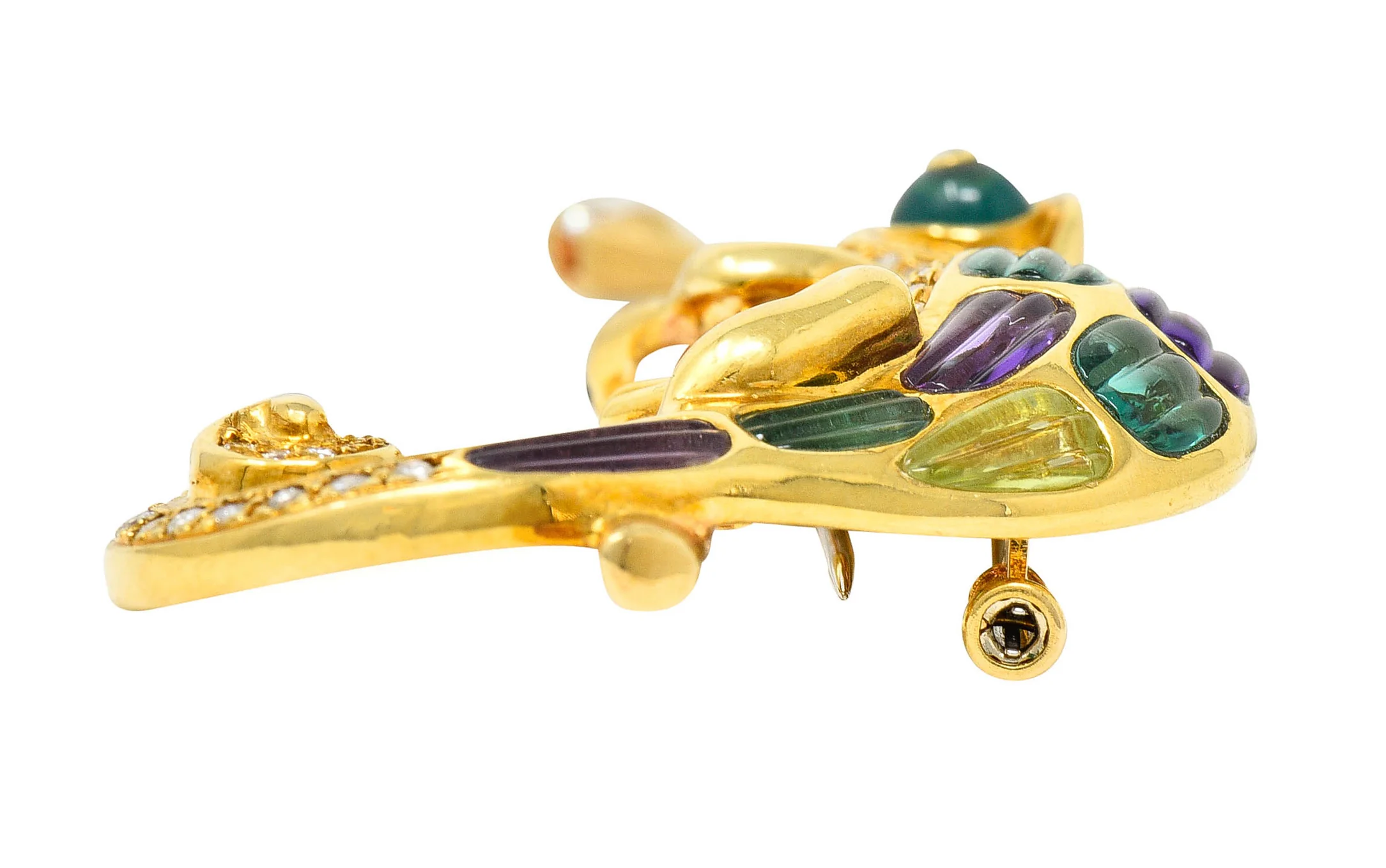 Vintage Diamond Multi-Gem 18 Karat Gold Carved Stone Chameleon Brooch - Image 7