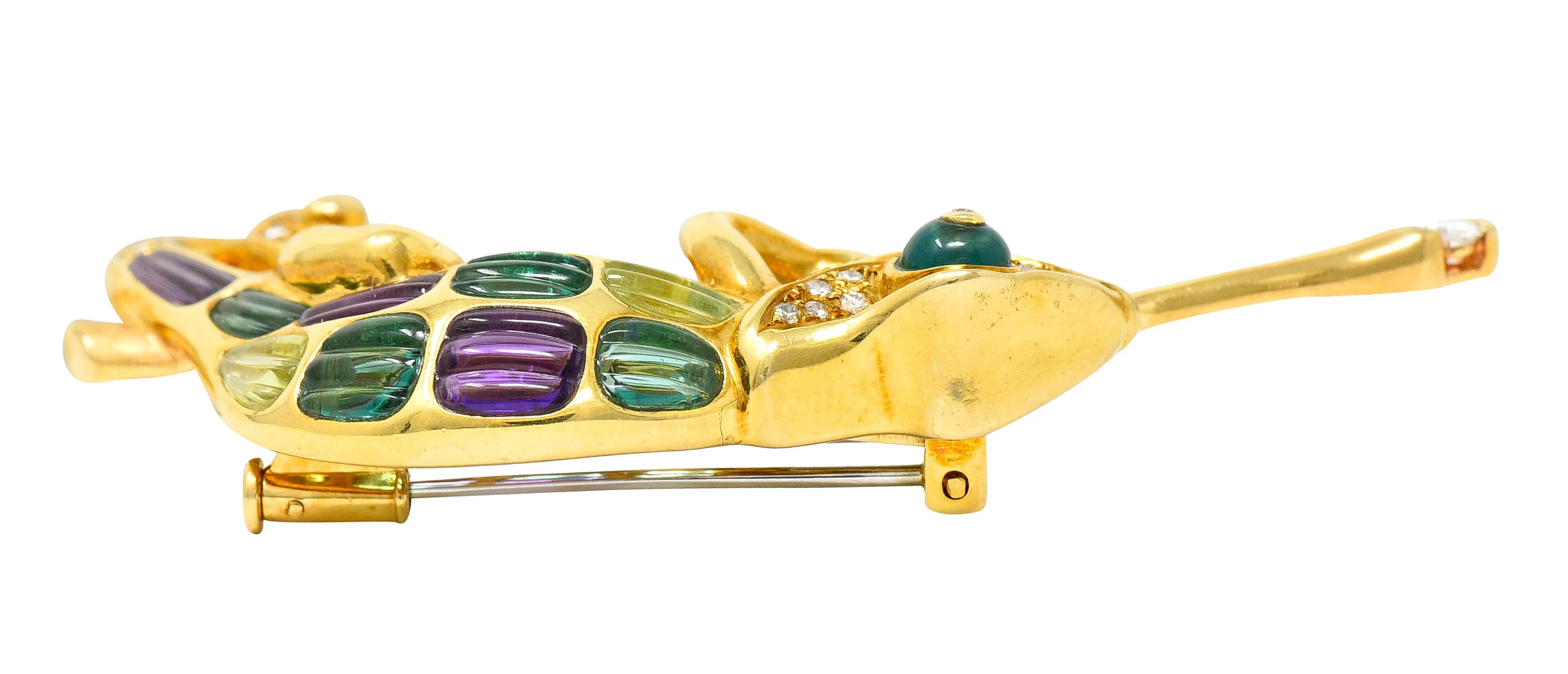 Vintage Diamond Multi-Gem 18 Karat Gold Carved Stone Chameleon Brooch - Image 8