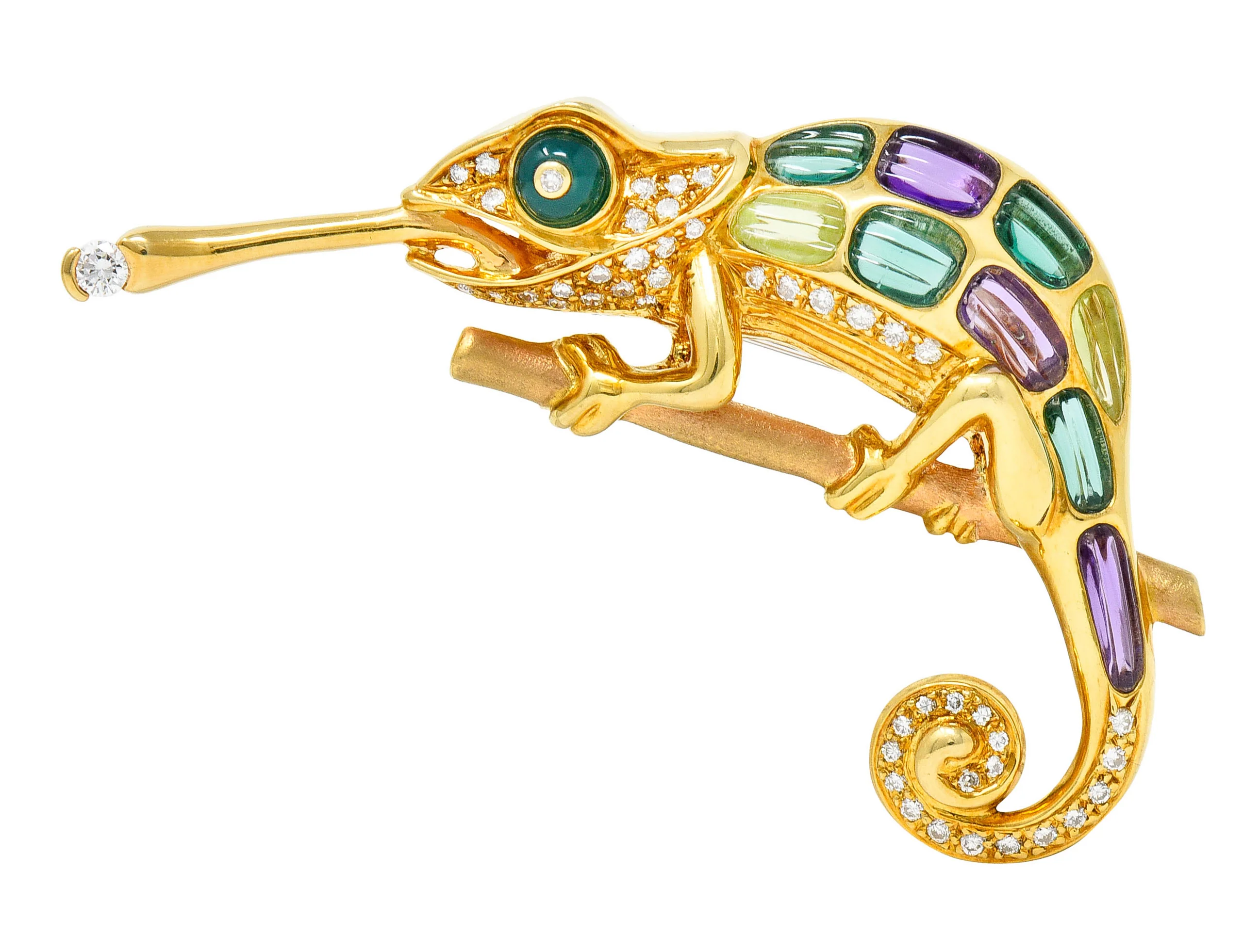 Vintage Diamond Multi-Gem 18 Karat Gold Carved Stone Chameleon Brooch - Image 9