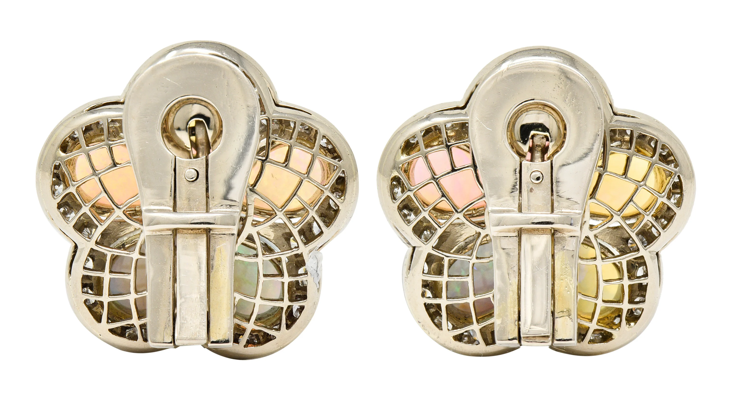 Vintage Diamond Opal 18 Karat White Gold Flower Cluster Earrings - Image 3