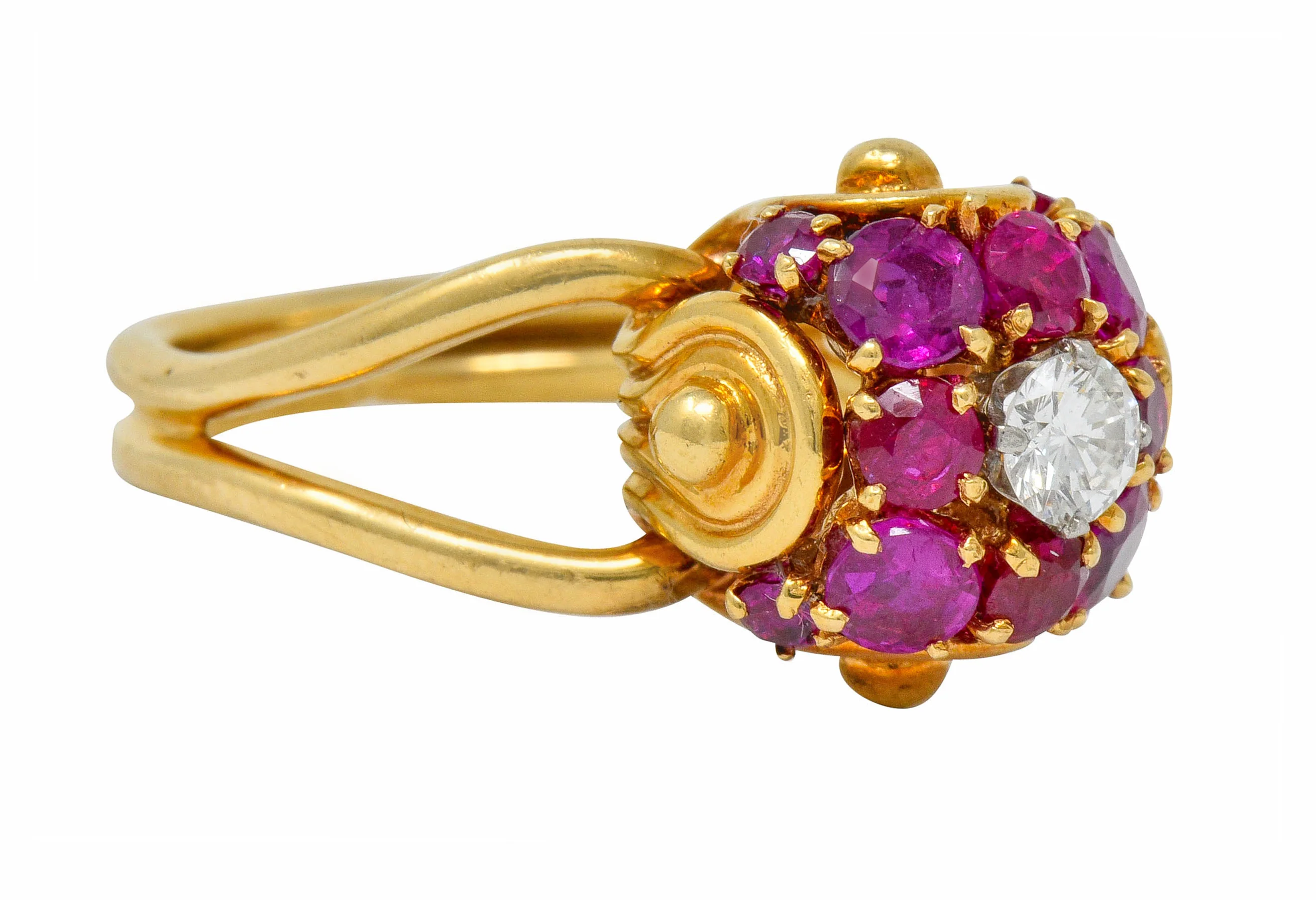 Vintage Diamond Ruby 14 Karat Gold Pave Ball Ring - Image 2