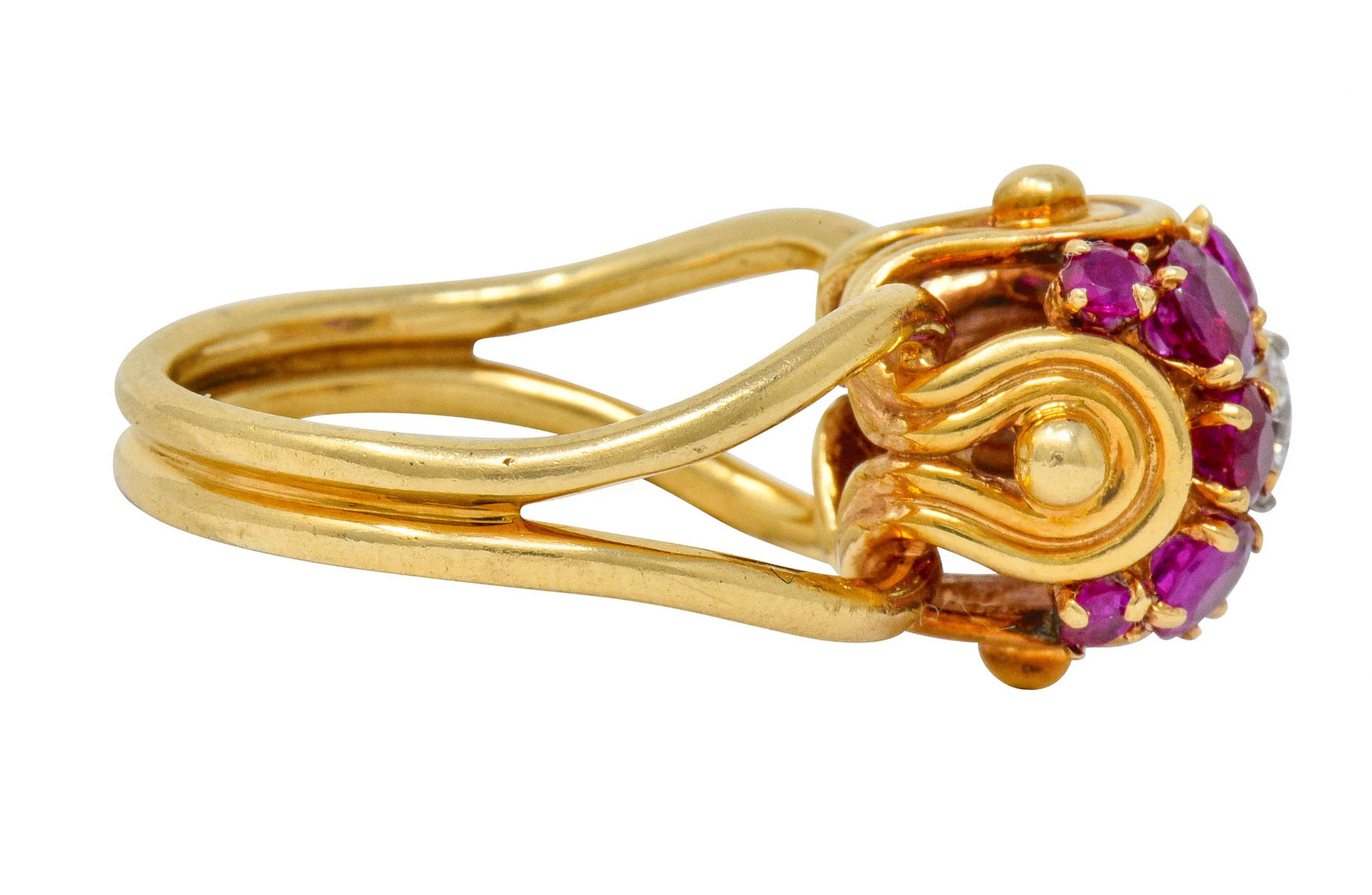 Vintage Diamond Ruby 14 Karat Gold Pave Ball Ring - Image 3