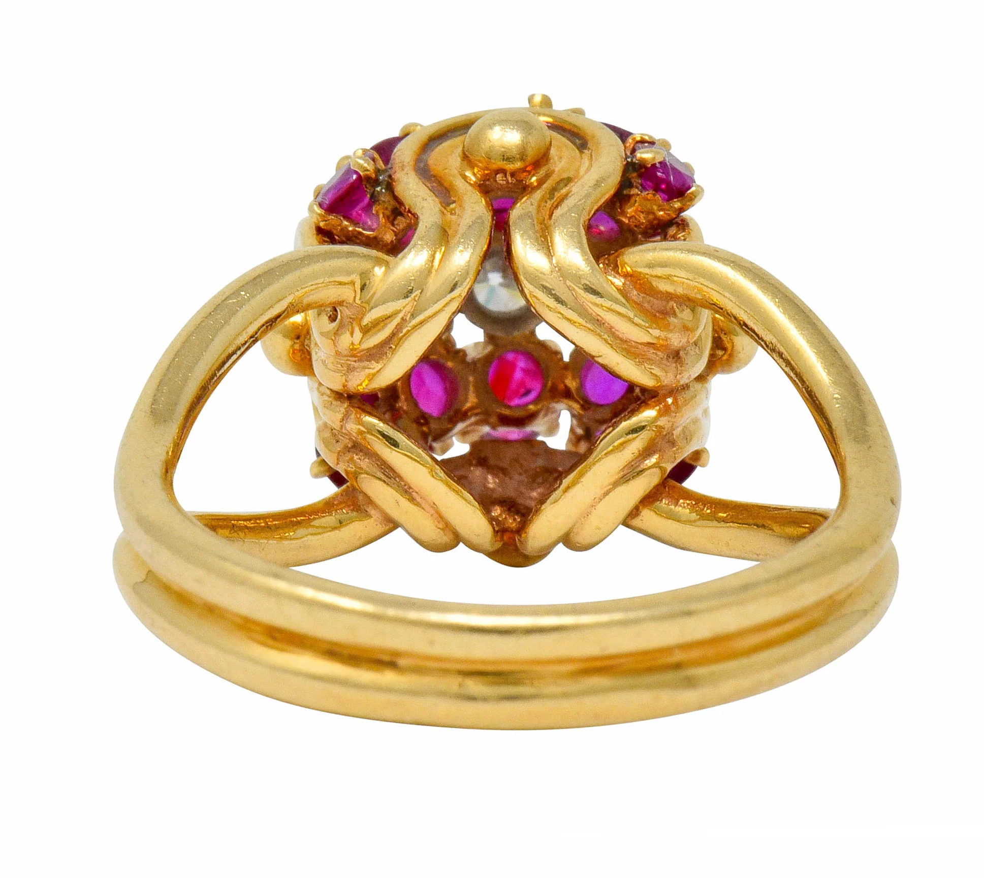 Vintage Diamond Ruby 14 Karat Gold Pave Ball Ring - Image 4